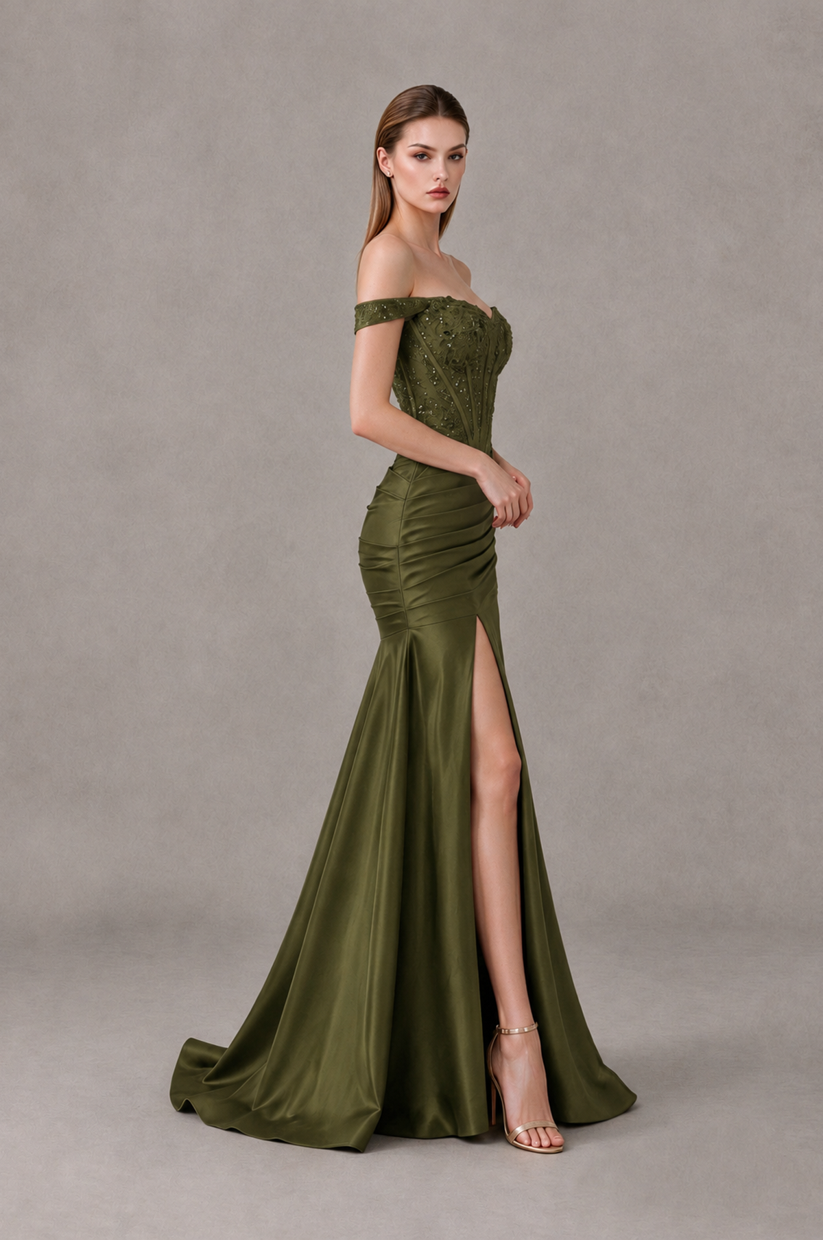 BOLODOO Olive Green Off-Shoulder Corset Mermaid Prom Dress with Slit Sequin Lace Evening Gown - Olive Green - Olive Green_3