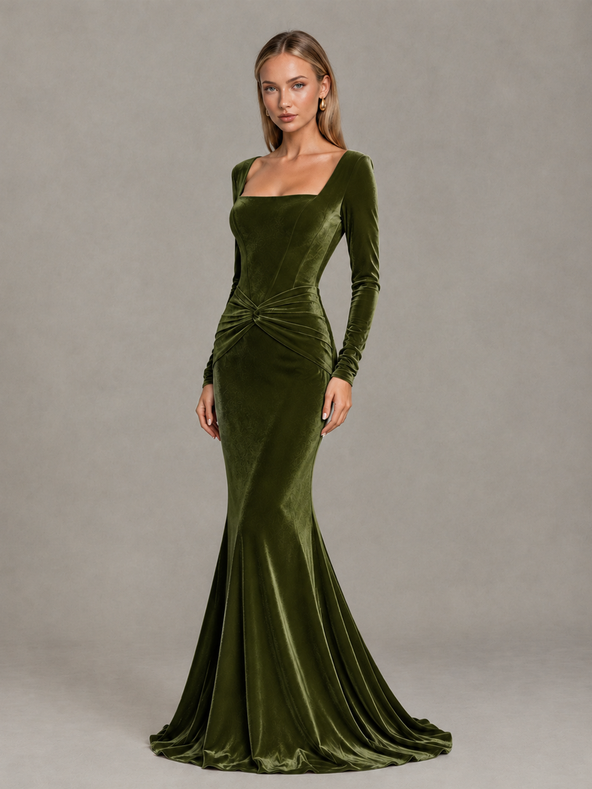 BOLODOO Olive Green Velvet-Look Square Neck Long Sleeve Mermaid Evening Dress - Olive Green - Olive Green_3