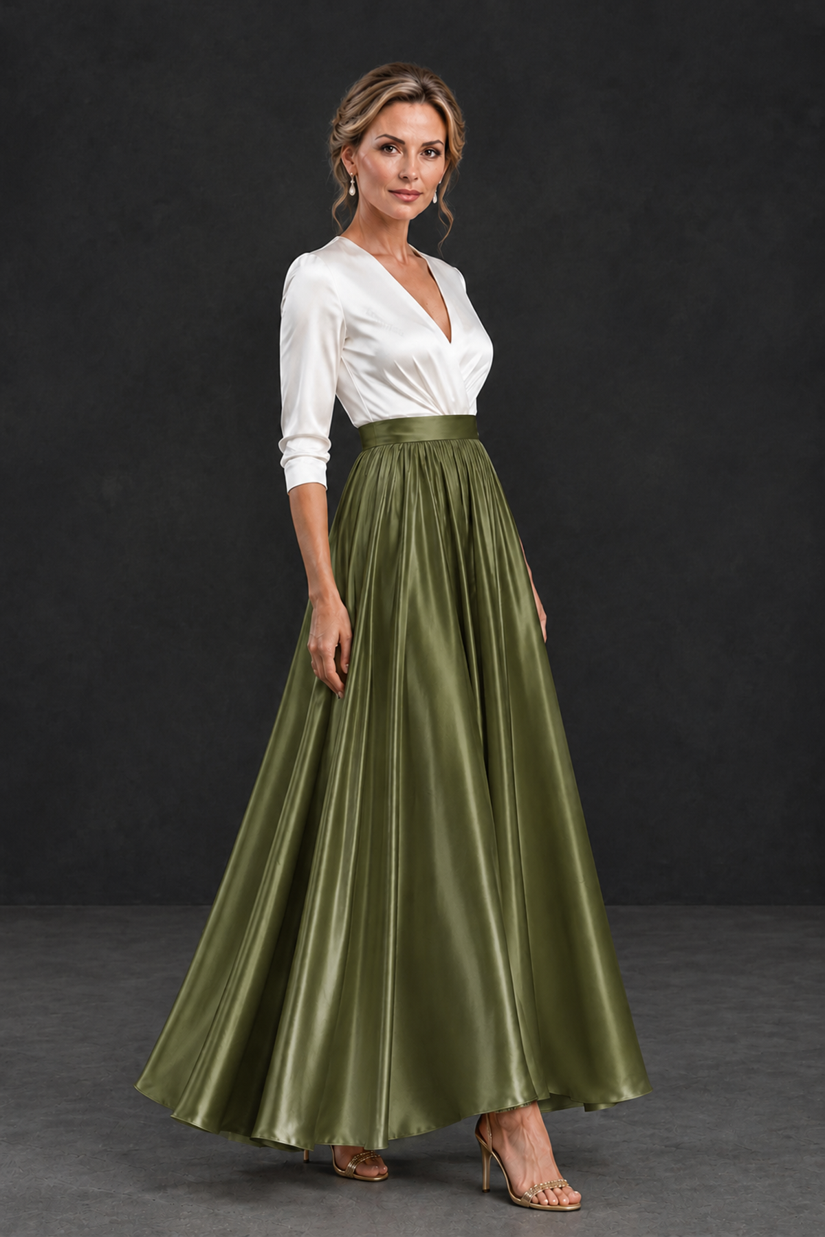 BOLODOO Olive Green and White V-Neck A-Line Mother of the Bride Dress - Olive Green - Olive Green_3