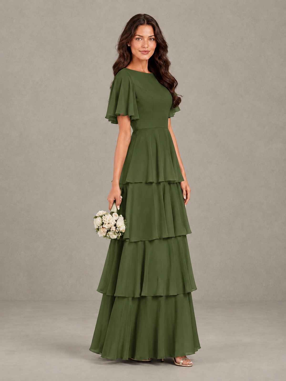 BOLODOO Olive Green Tiered Flutter Sleeve Bridesmaid Dress - Olive Green - Olive Green_3