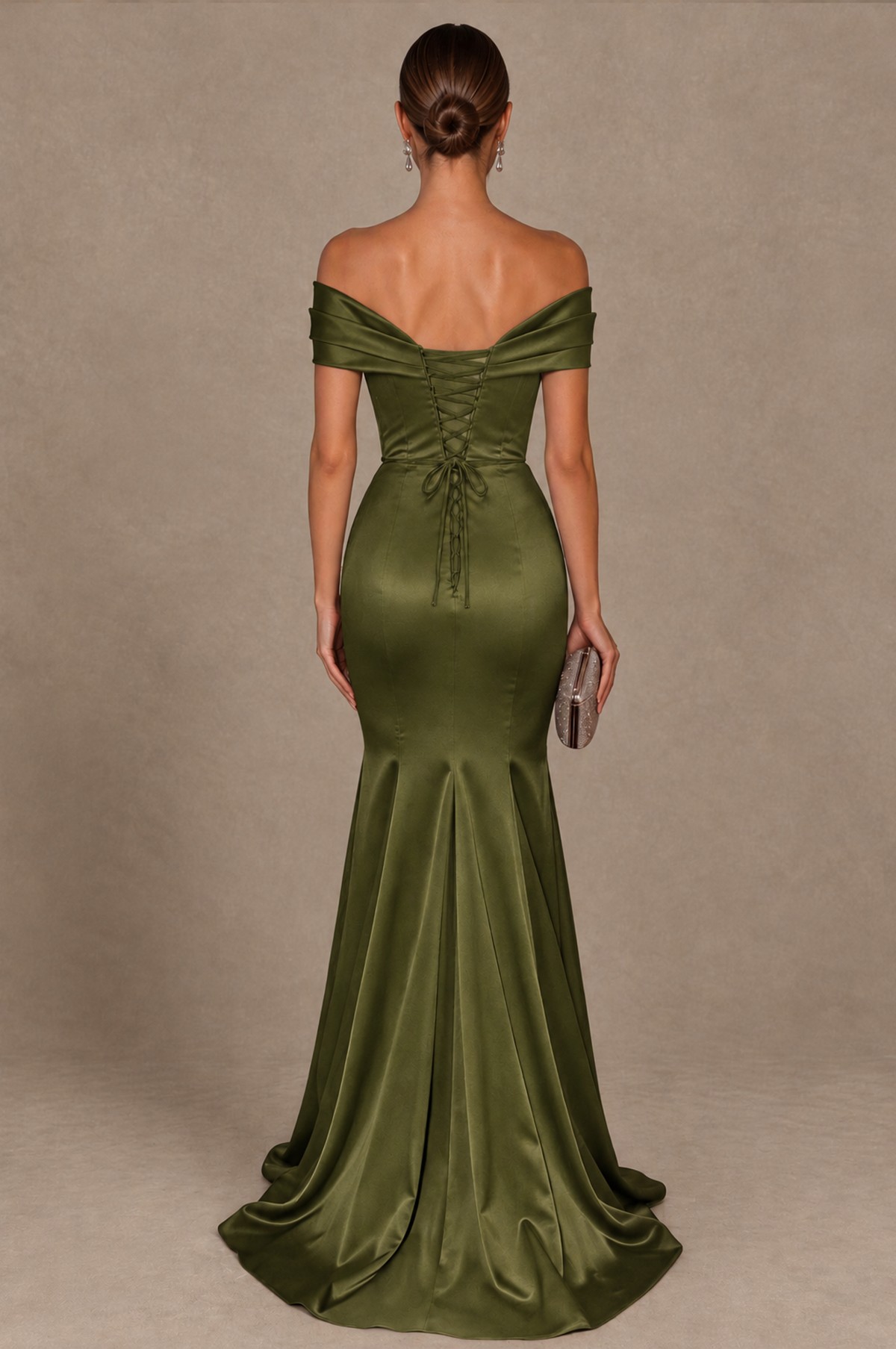 BOLODOO Olive Green Off-the-Shoulder Ruched Satin Mermaid Evening Dress - Olive Green - Olive_Green_3