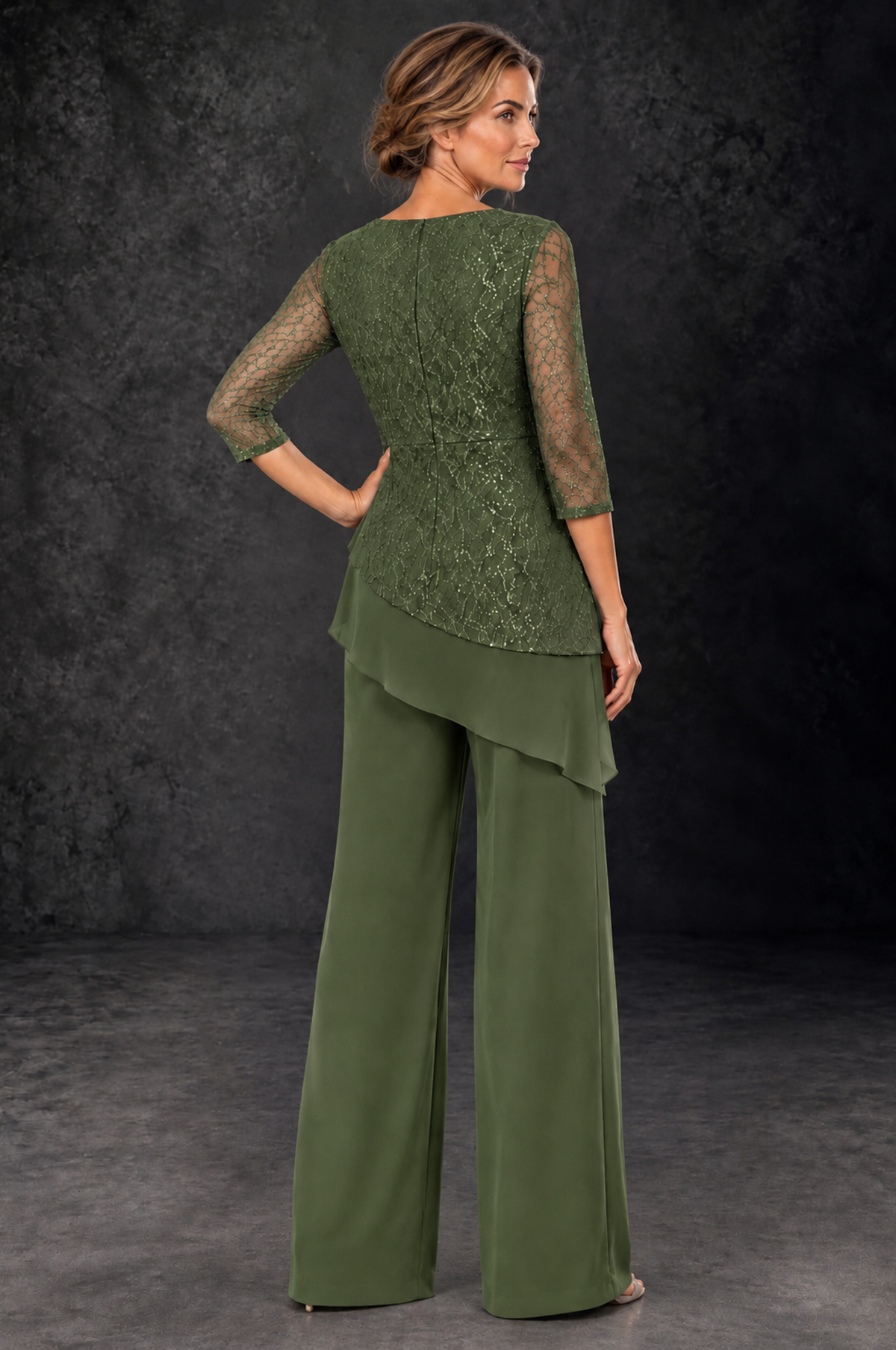 BOLODOO Olive Green Sequin Lace 3/4 Sleeve Chiffon Mother of the Bride Pant Suit - Olive Green - Olive_Green_3