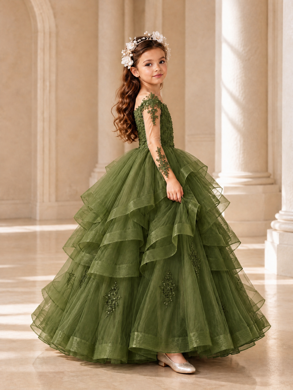 BOLODOO Olive Green Lace Long Sleeve Tiered Flower Girl Dress - Olive Green - Olive_Green_3