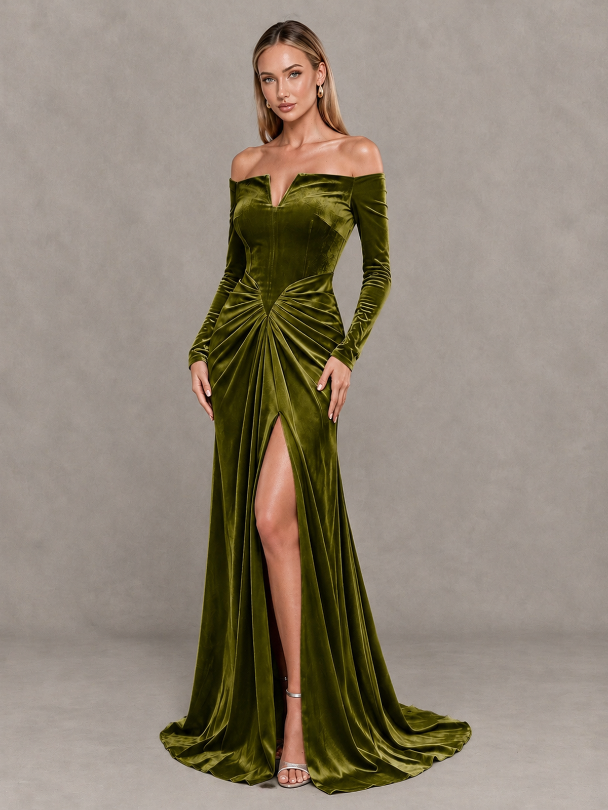 BOLODOO Olive Green Off-Shoulder Velvet Evening Gown with High Slit - Olive Green - Olive Green_3