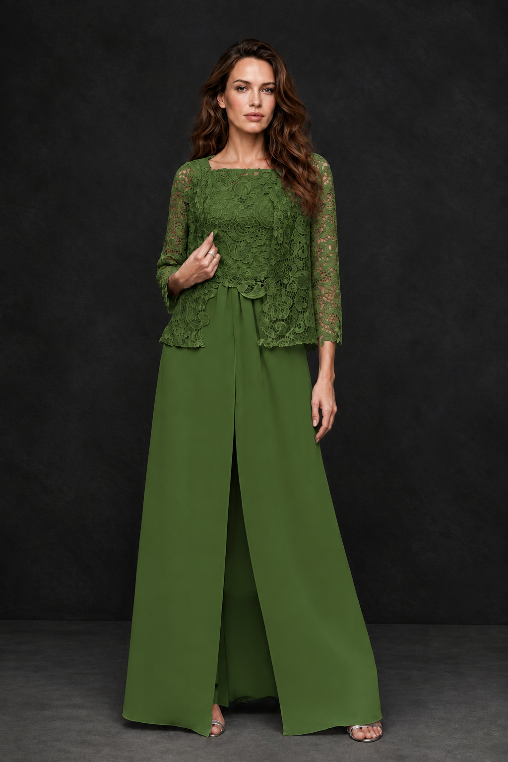 BOLODOO Olive Green Grey Lace Peplum Top & Wide-Leg Chiffon Pants Set | Mother of the Bride & Formal Evening Outfit - Olive Green
