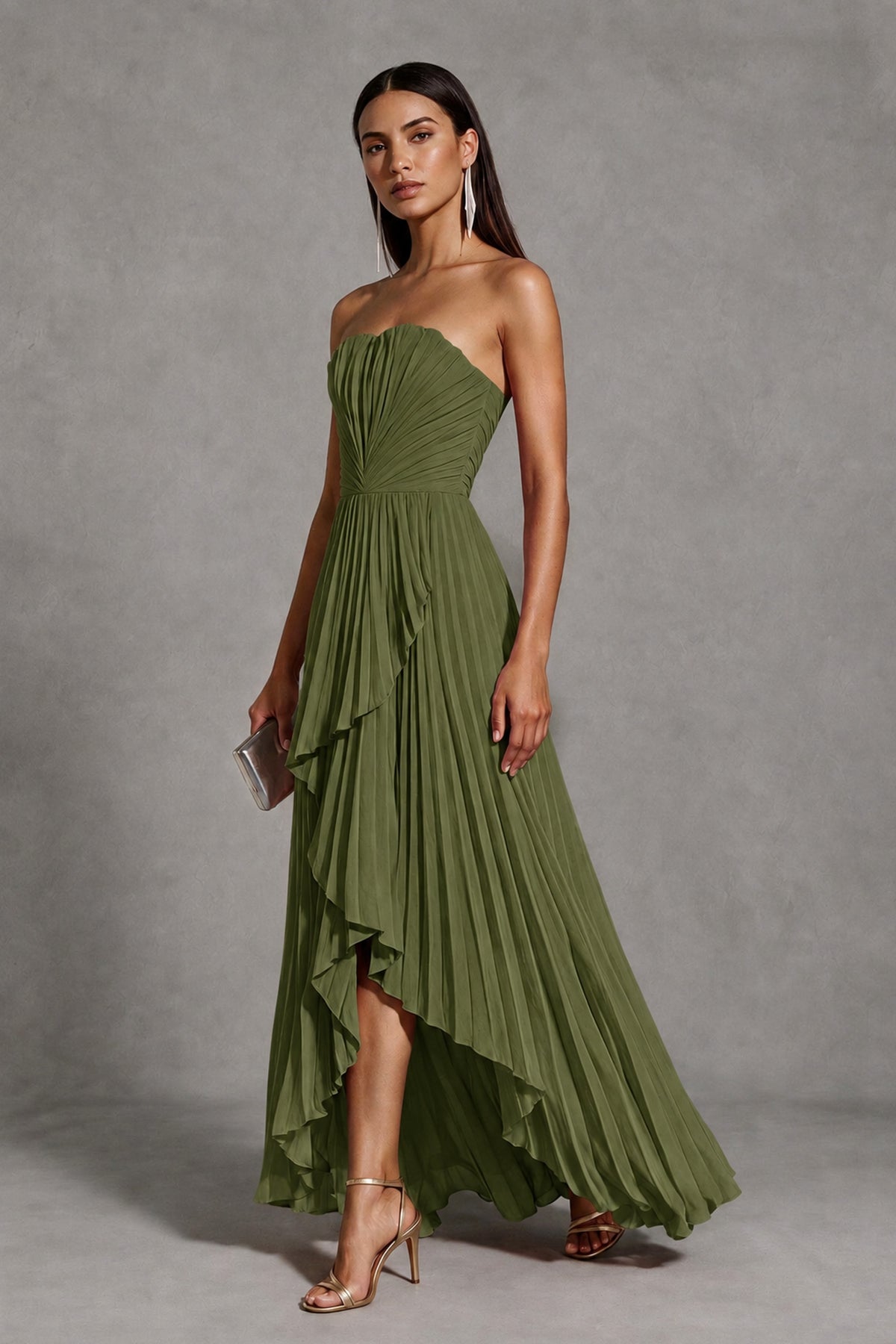 Olive Green Strapless Pleated High-Low Evening Gown with Ruffle Hem - Olive Green