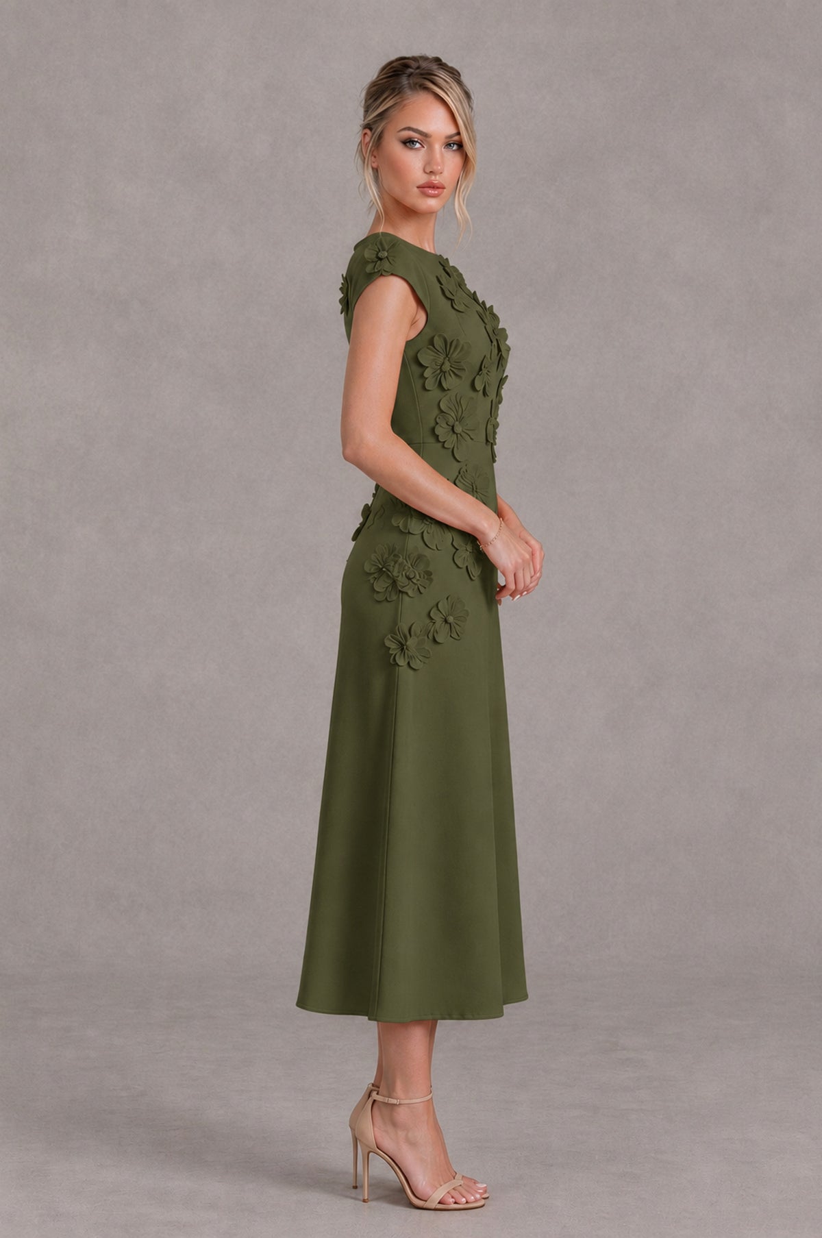 BOLODOO Olive Green 3D Floral Cap Sleeve Midi Cocktail Dress - Olive Green - Olive Green_3