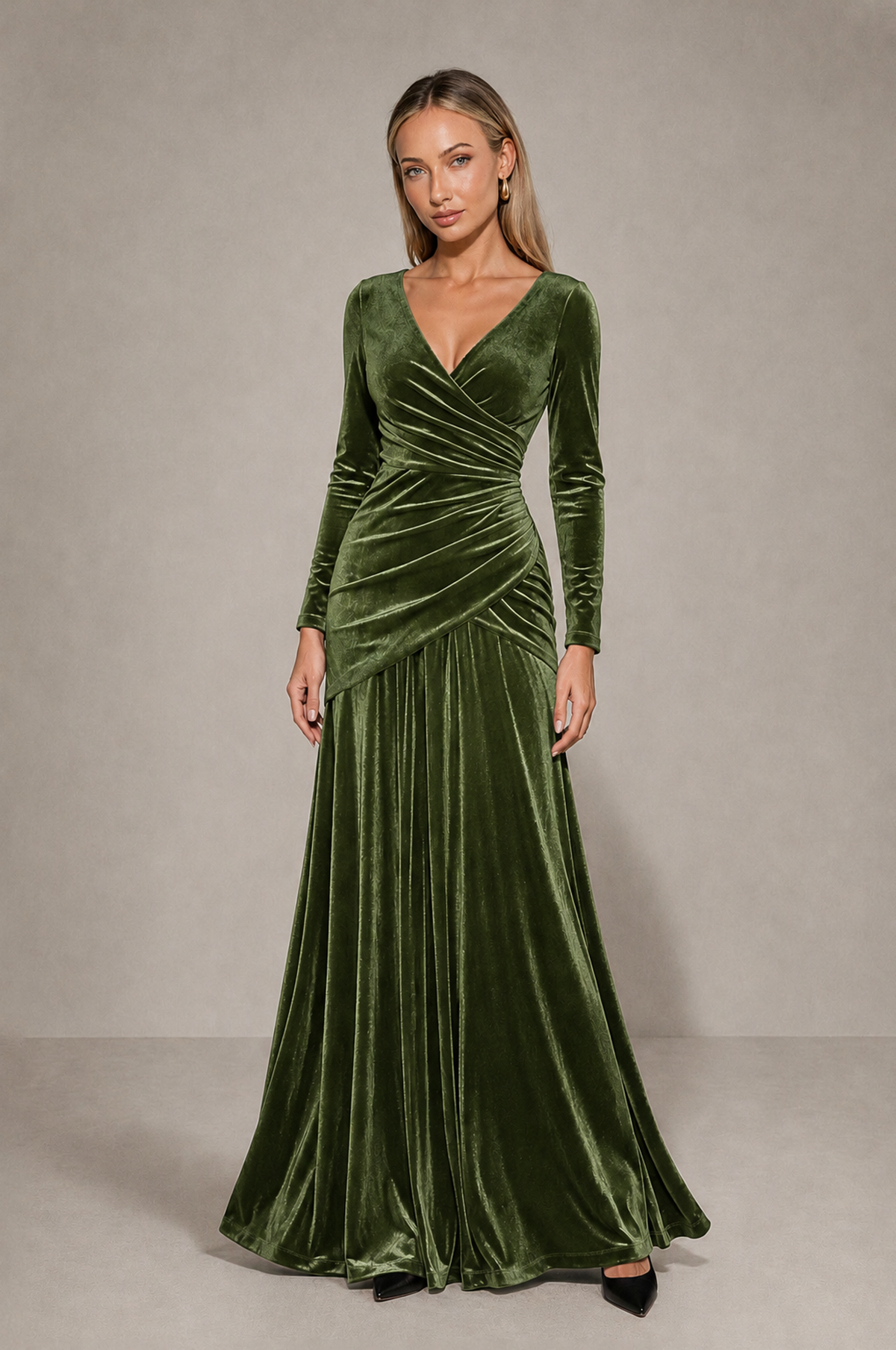 BOLODOO Olive Green Velvet Long Sleeve V-Neck Ruched Evening Dress - Olive Green - Olive_Green_3