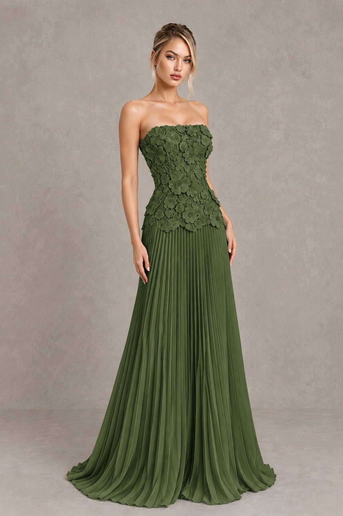 BOLODOO Olive Green Strapless Floral Applique Pleated Evening Dress - Olive Green - Olive Green_3