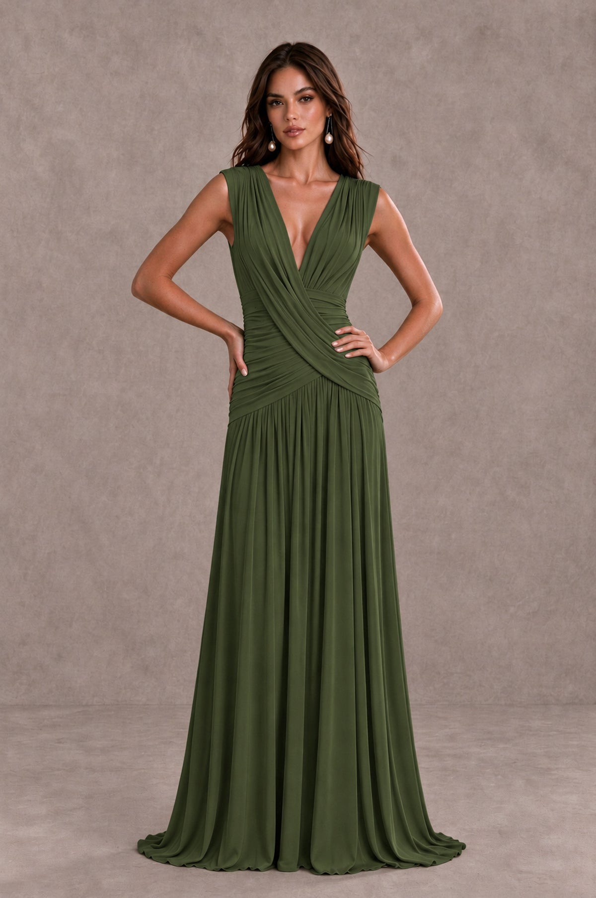 BOLODOO Olive Green V-Neck Ruched Wedding Guest Dress - Olive Green - Olive Green_3