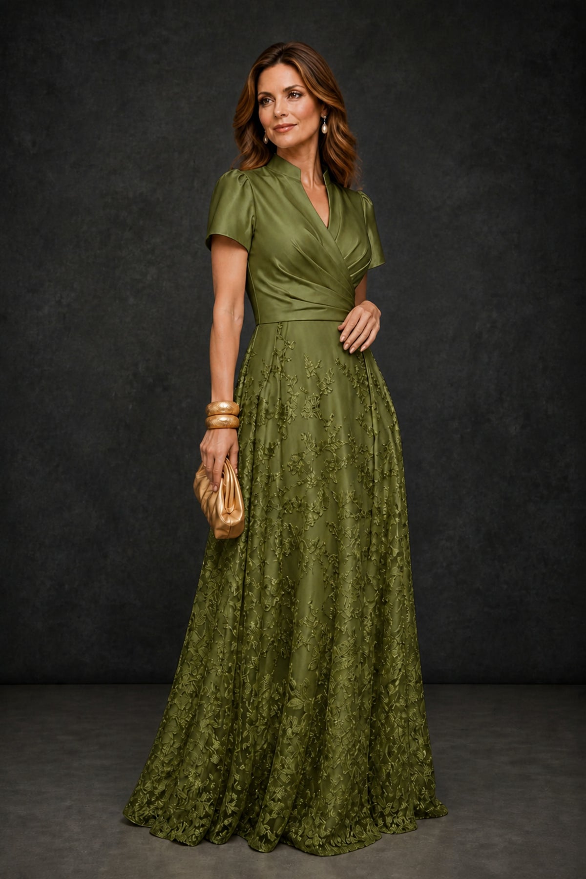 BOLODOO Olive Green Satin Wrap V-Neck Short Sleeve Lace Glitter A-Line Floor Length Evening Gown – Formal Dress - Olive Green