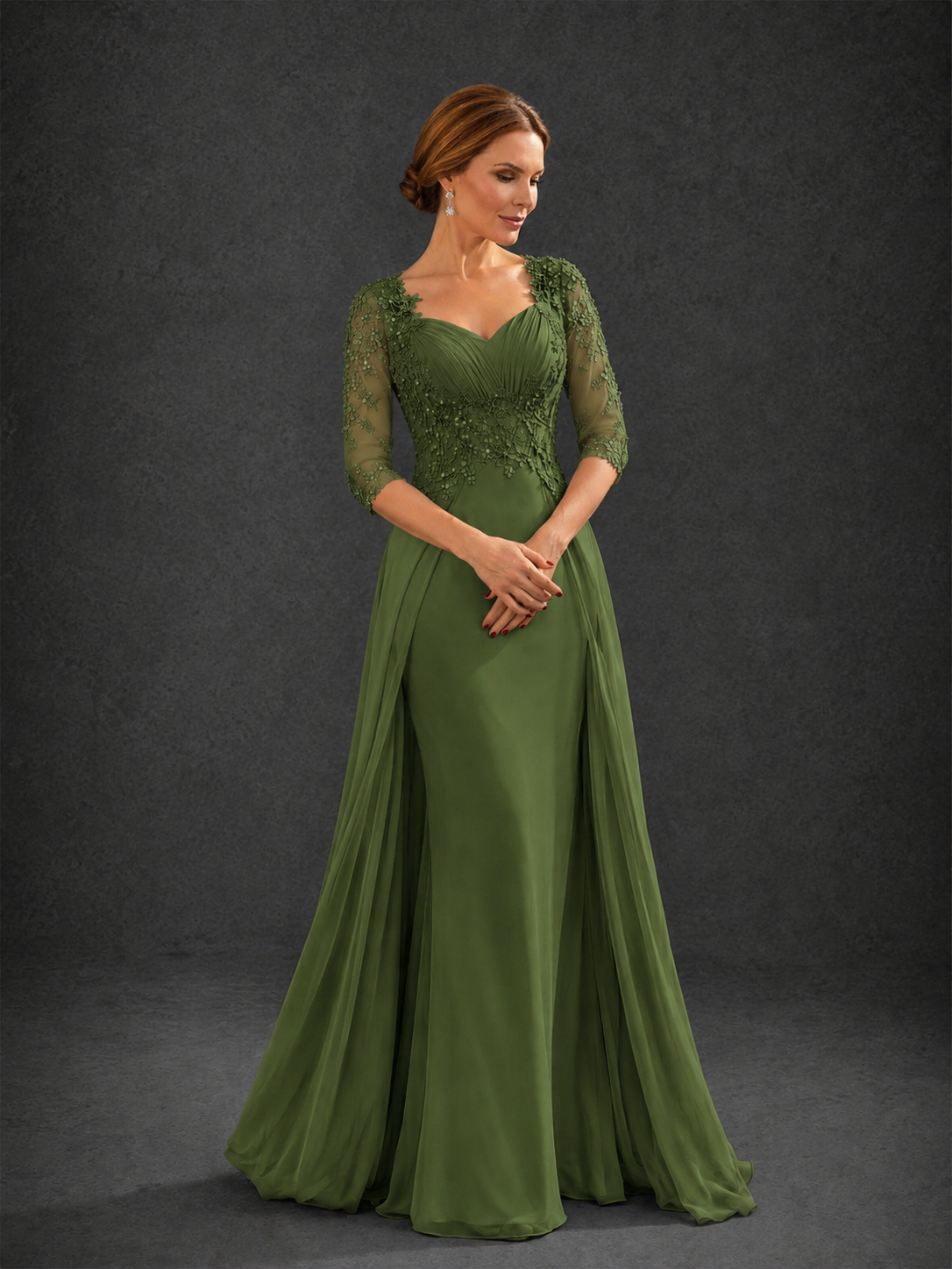 BOLODOO Olive Green Sweetheart Neck 3/4 Sleeve Floral Lace Illusion Bodice Chiffon A-Line Gown - Olive Green