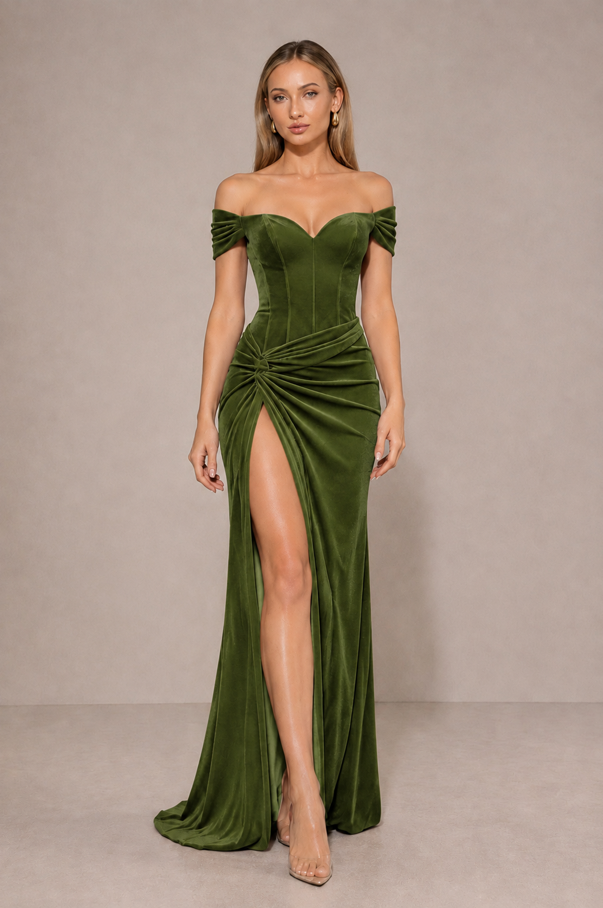 BOLODOO Olive Green Velvet Off-Shoulder Ruched High Slit Evening Dress - Olive Green - Olive_Green_3