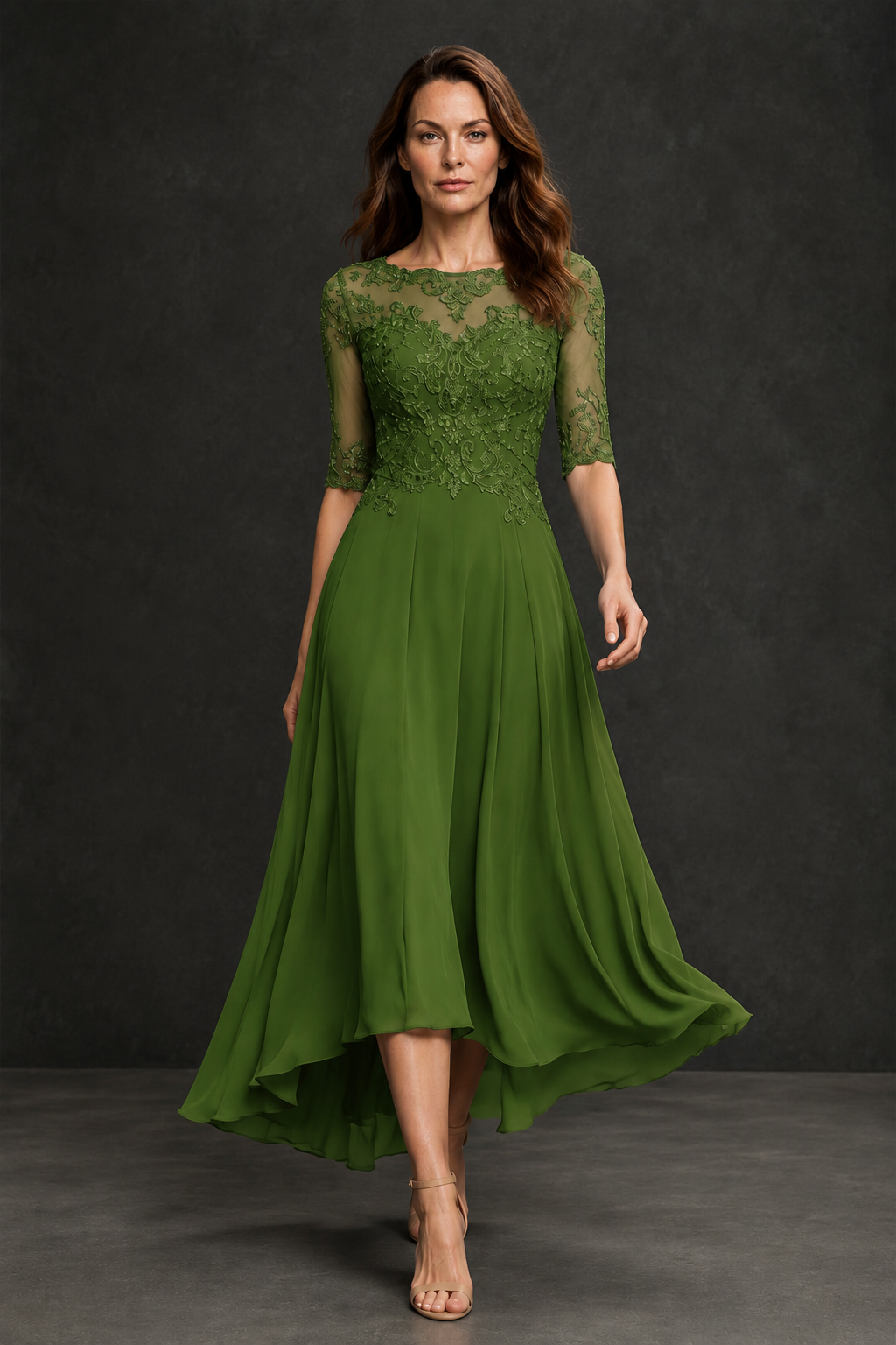 BOLODOO Olive Green Illusion Lace 3/4 Sleeve Hi-Lo Chiffon A-Line Dress | Mother of the Bride Tea Length Dress - Olive Green