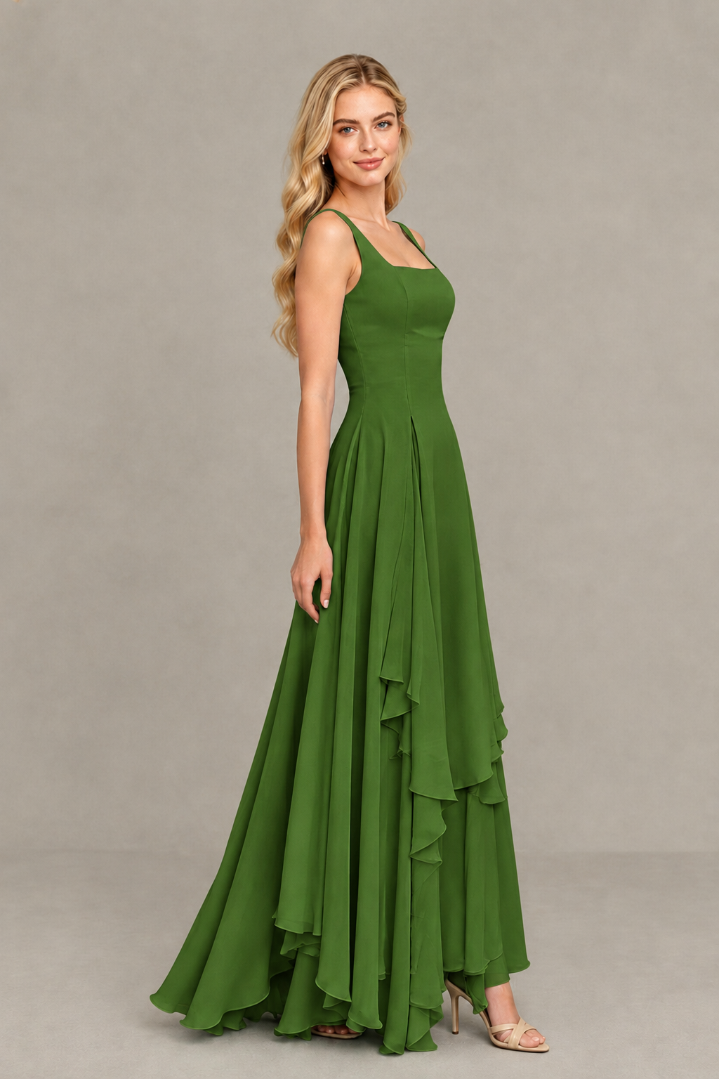 BOLODOO Olive Green Square Neck Chiffon Bridesmaid Dress with Lace-Up Back - Olive Green