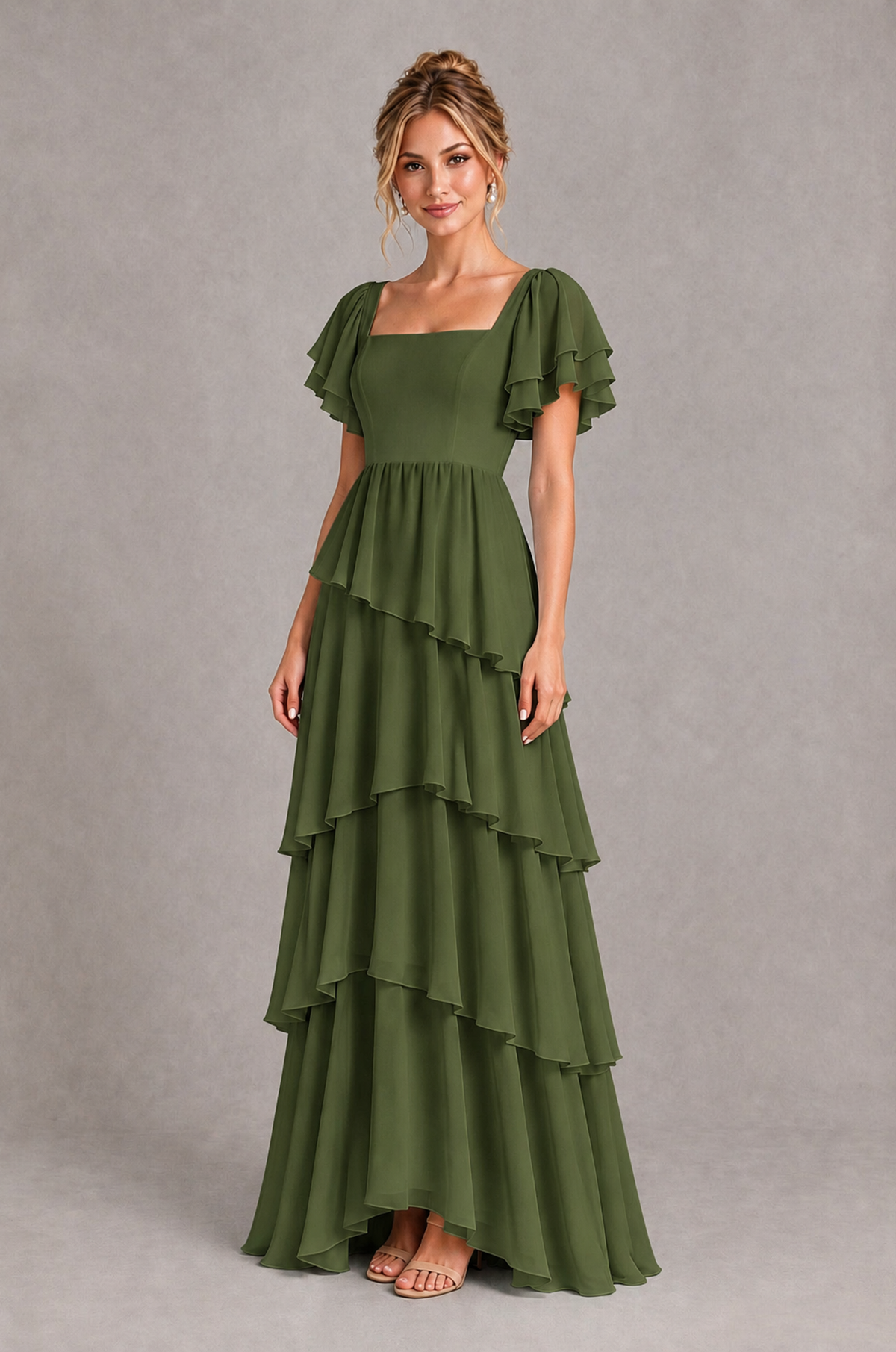 BOLODOO Olive Green Square Neck Flutter Sleeve Tiered Chiffon Bridesmaid Dress with Lace-Up Back - Olive Green - Olive Green_3