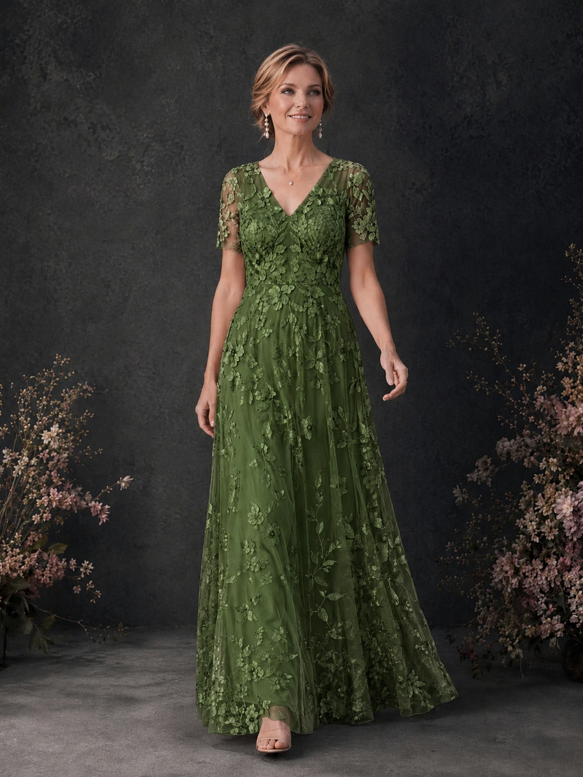 BOLODOO Olive Green 3D Floral Embroidered Lace V-Neck Short Sleeve A-Line Maxi Dress - Olive Green