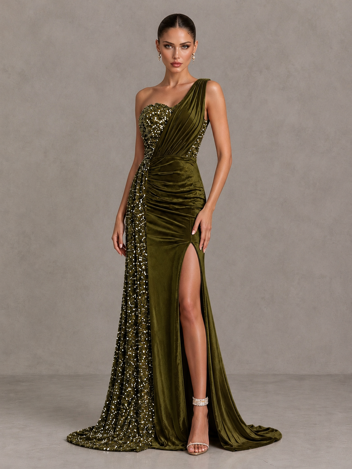 BOLODOO Olive Green One-Shoulder Satin Sequin Gown with High Slit - Olive Green - Olive Green_3