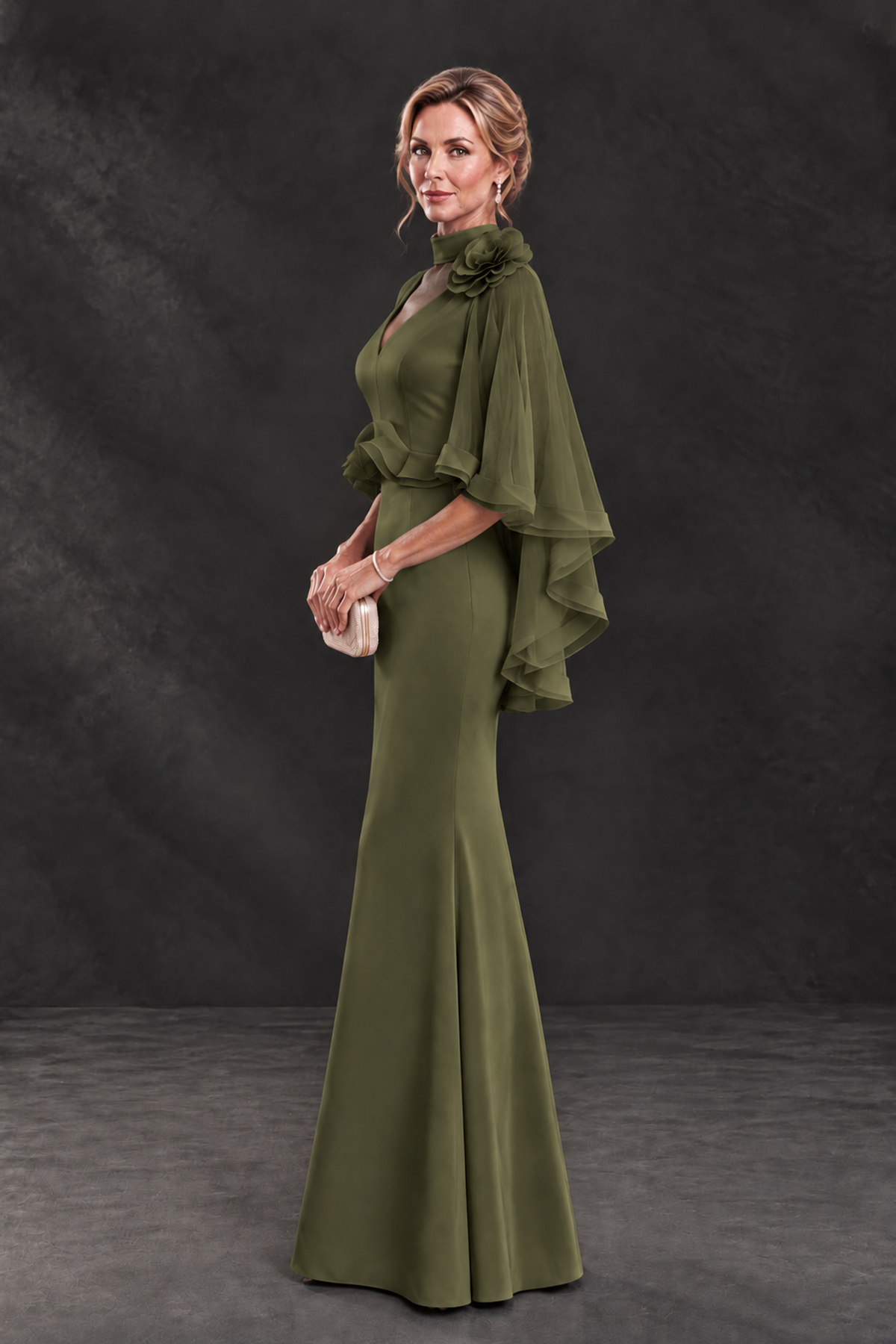 BOLODOO Olive Green Floral Cape Sleeve Mother of the Bride Dress - Olive Green - Olive_Green_3