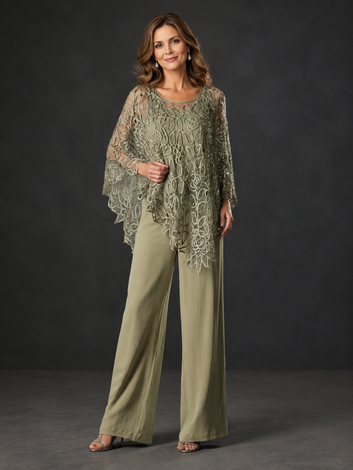 BOLODOO Olive Green Lace Overlay Wide-Leg Pantsuit for Mothers of the Bride - Olive Green