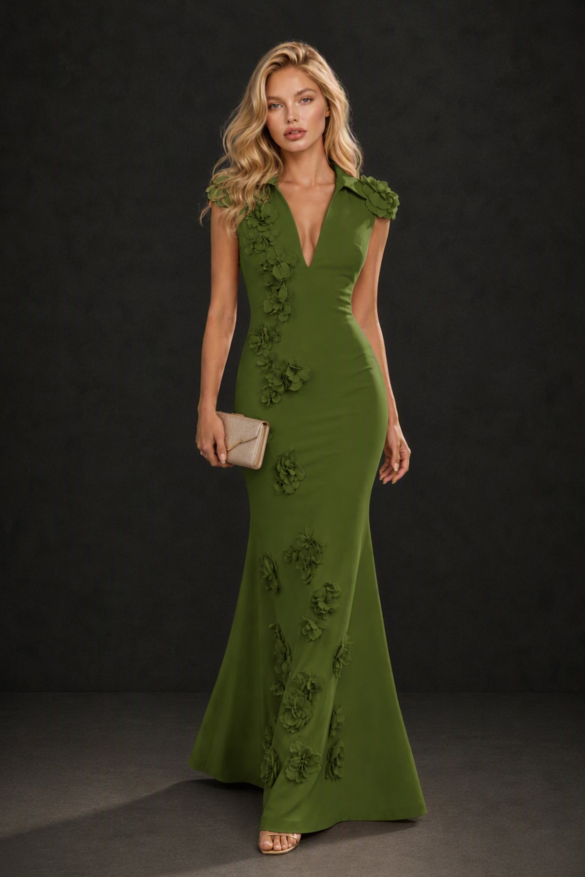 BOLODOO Olive Green 3D Floral Appliqué Deep V-Neck Cap Sleeve Mermaid Gown - Olive Green