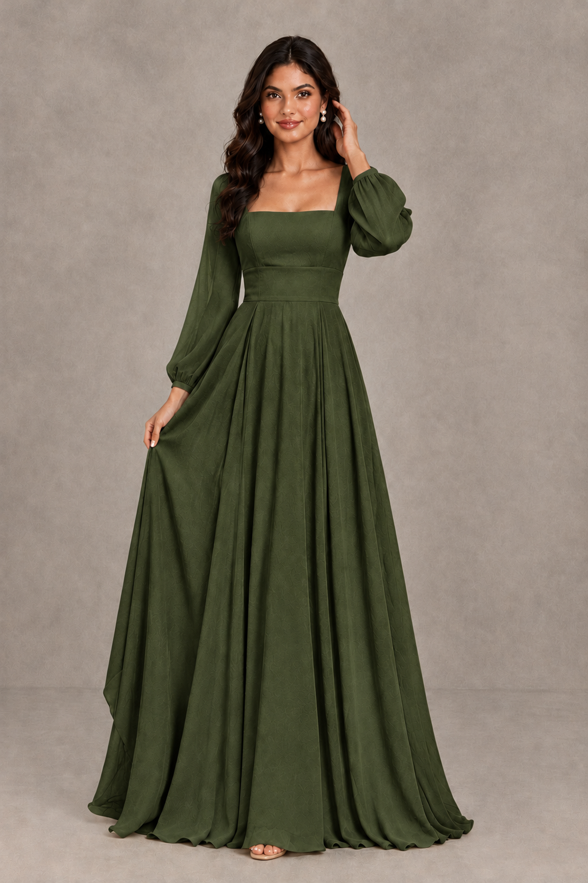 BOLODOO Olive Green Square Neck Long Sleeve A-Line Bridesmaid Dress - Olive Green - Olive Green_3