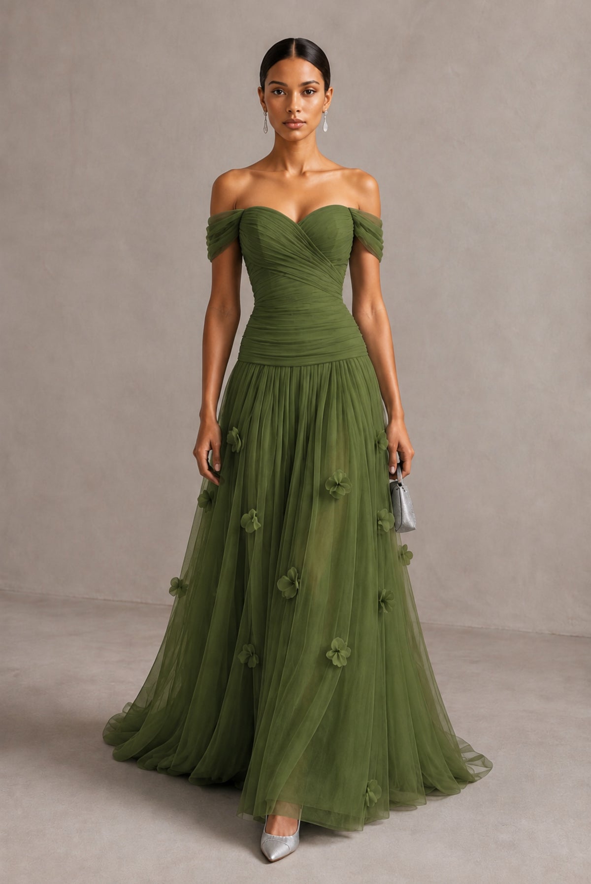 Olive Green Off-Shoulder Sweetheart A-Line Tulle Gown with 3D Floral Appliques | BOLODOO - Olive Green