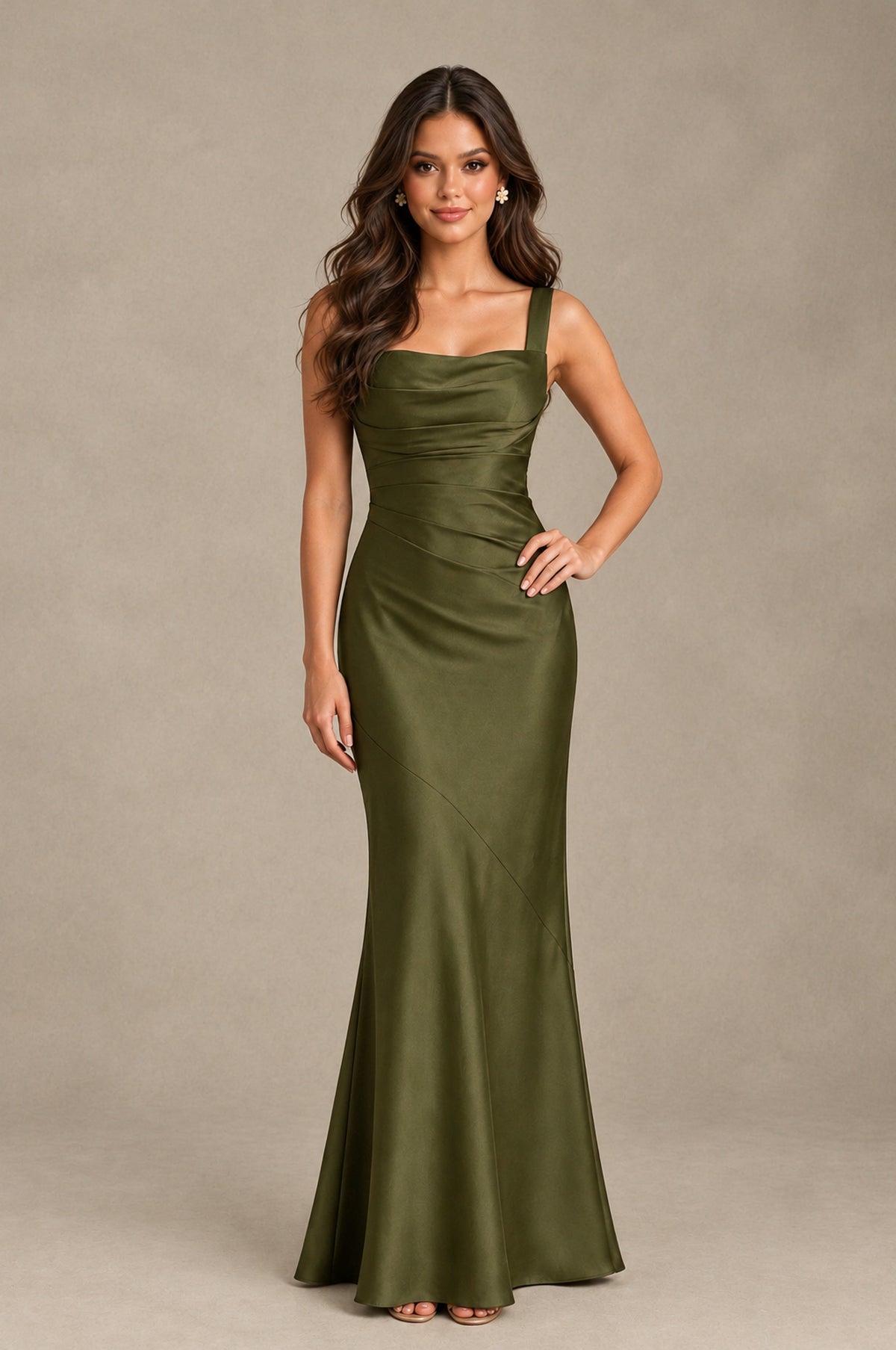 BOLODOO Olive Green Square Neck Ruched Satin Lace-Up Bridesmaid Dress - Olive Green - Olive Green_3