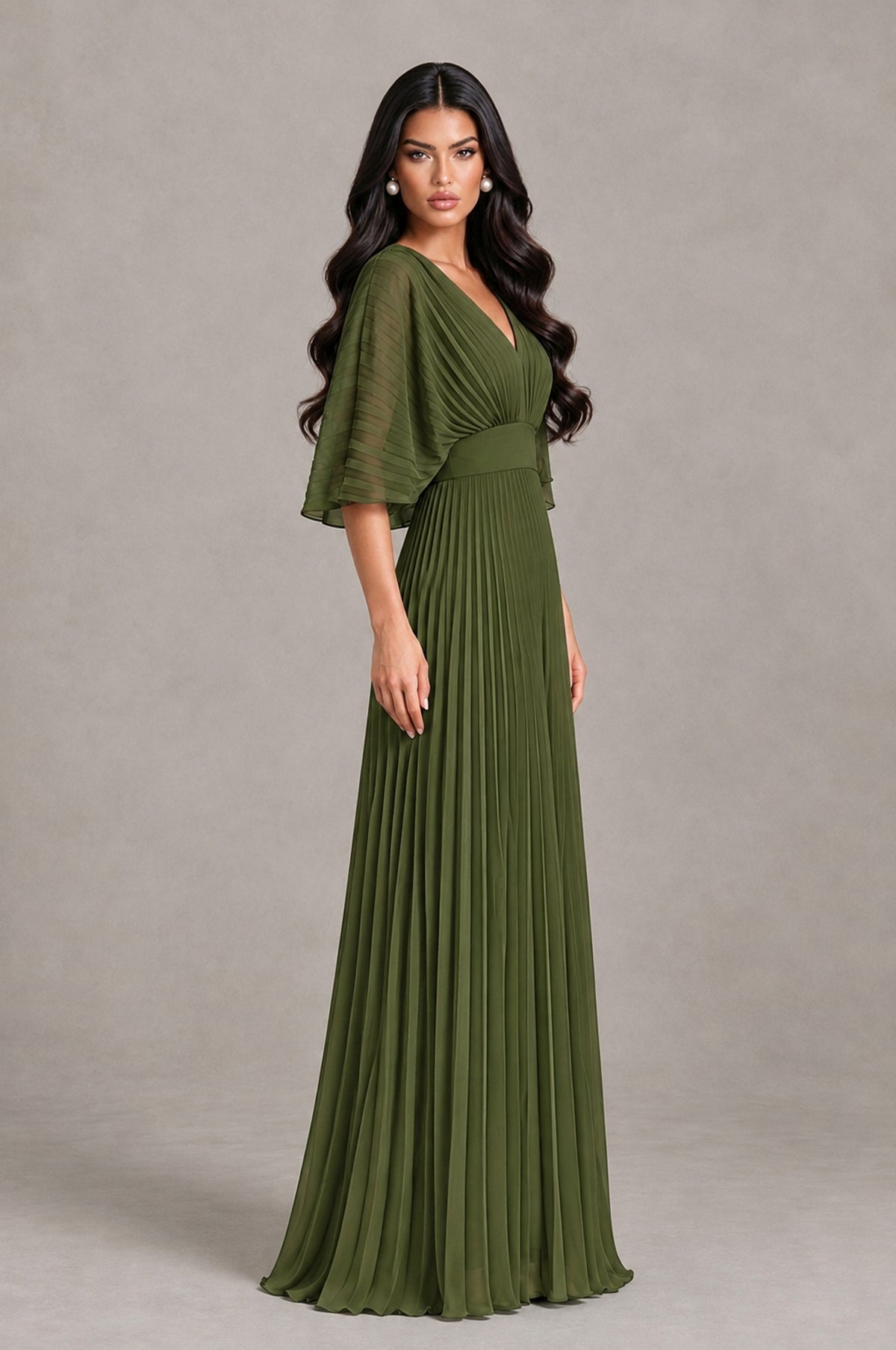 BOLODOO Olive Green V-Neck Pleated Flutter Sleeve Formal Dress - Olive Green - Olive Green_3