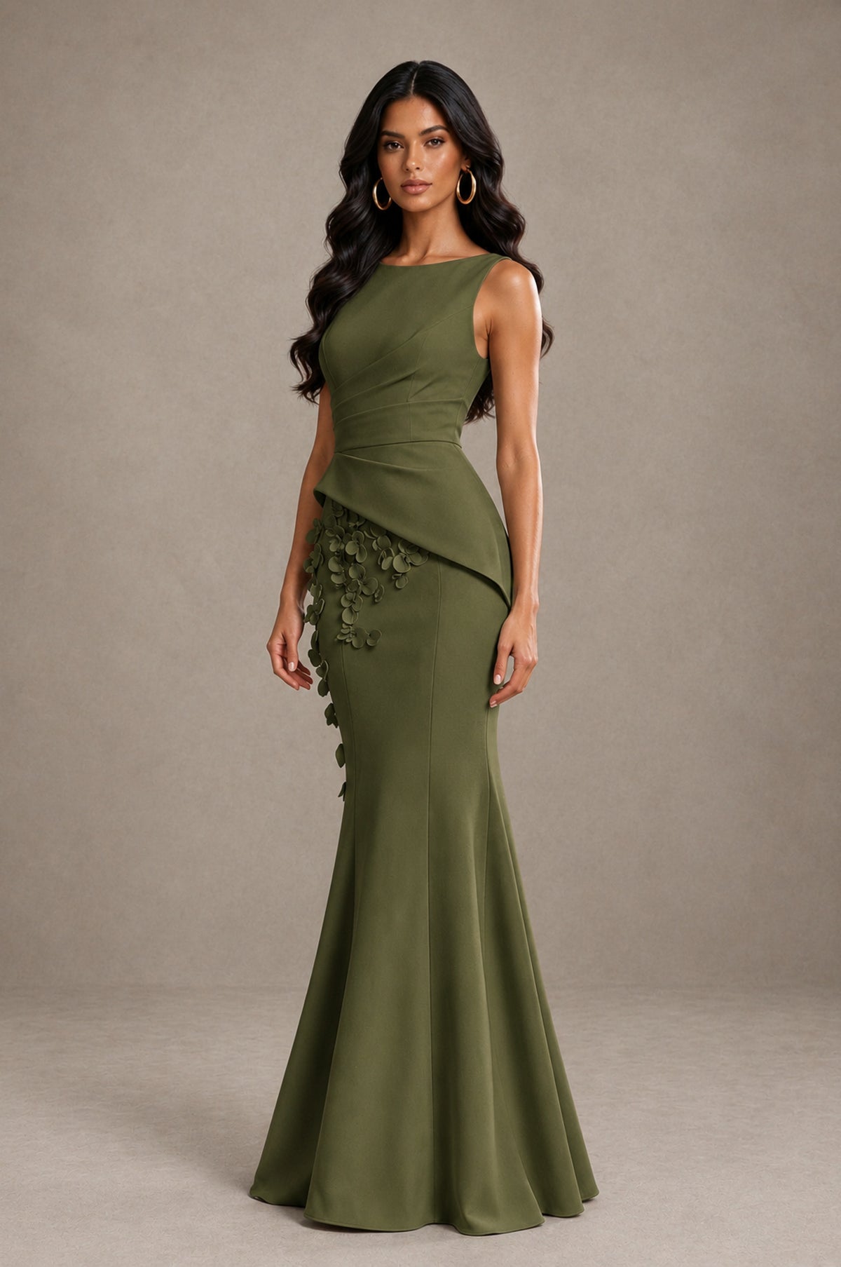 BOLODOO Olive Green Bateau Neck Sleeveless Asymmetric Peplum 3D Petal Appliqué Mermaid Gown BD0421 - Olive Green - Olive Green_3