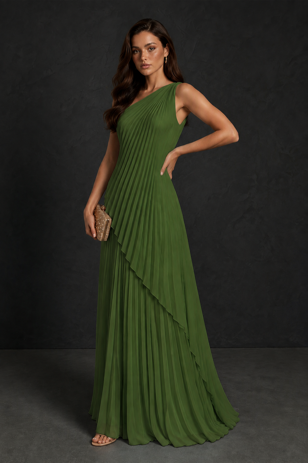 BOLODOO Olive Green One-Shoulder Sunburst Pleated Asymmetric Layered Overlay Accordion Pleated Chiffon Maxi Dress - Olive Green