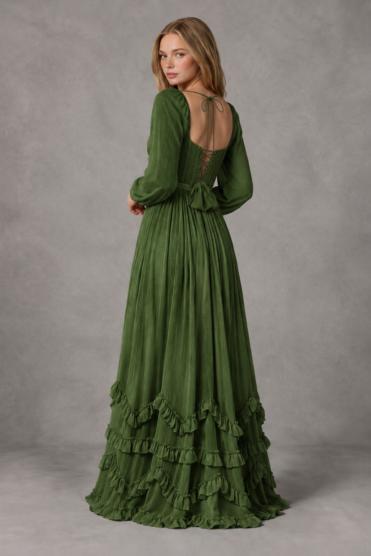 Olive Green Long-Sleeve Ruffle Maxi Dress with Lace-Up Back and Slit - Olive Green