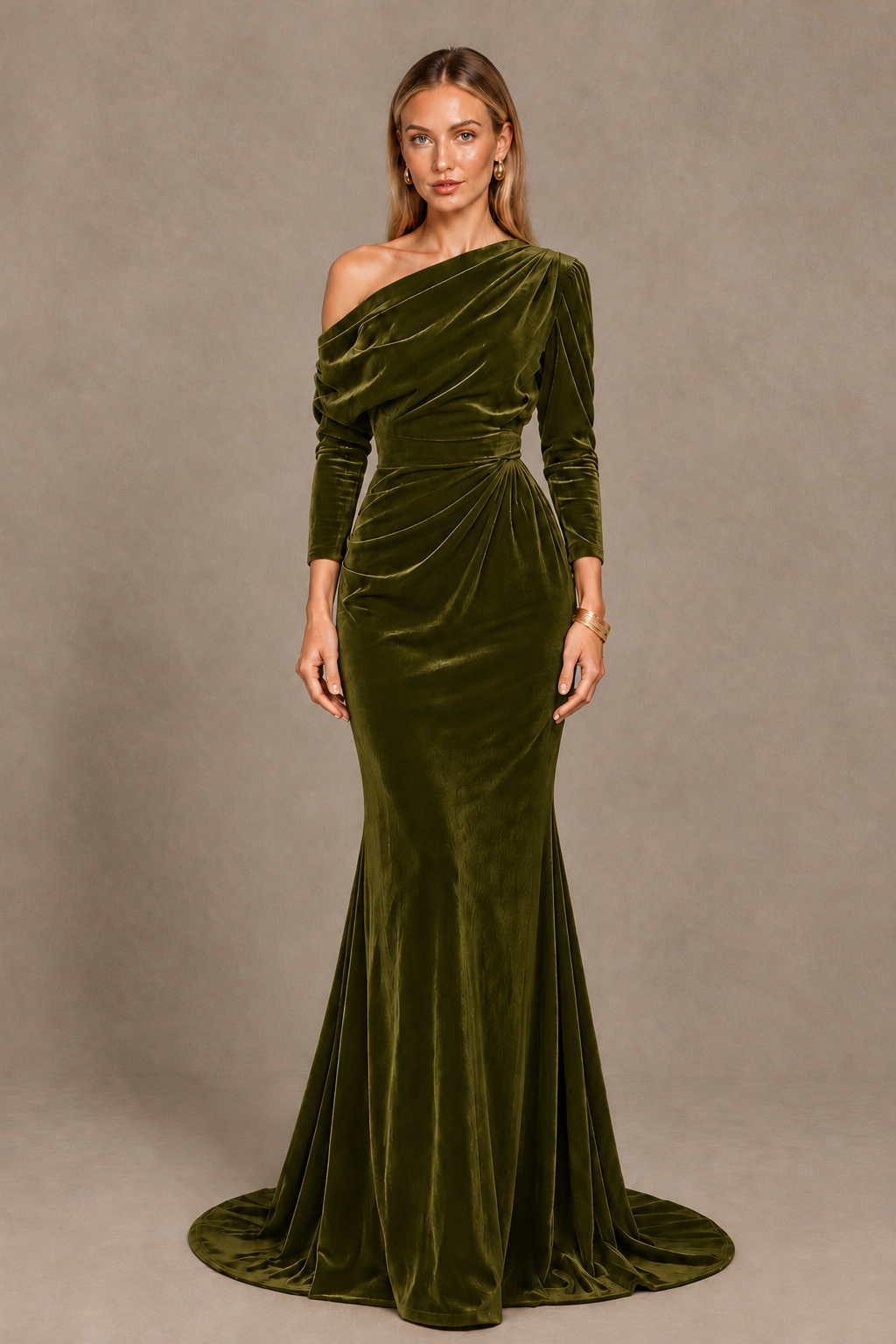 BOLODOO Olive Green Velvet Asymmetric Neck Mermaid Evening Dress - Olive Green - Olive Green_3