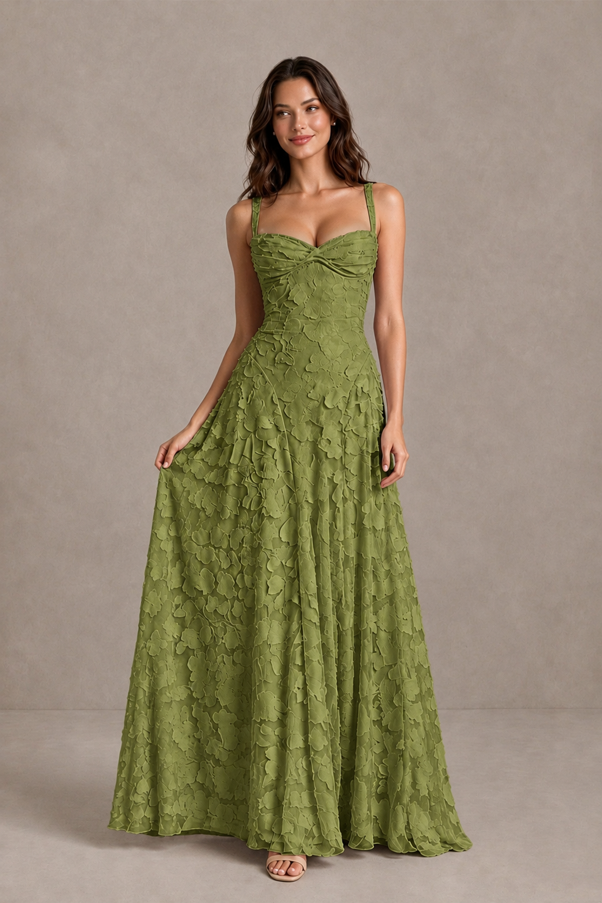 BOLODOO Olive Green Floral-Textured A-Line Dress with Lace-Up Back - Olive Green - Olive Green_3