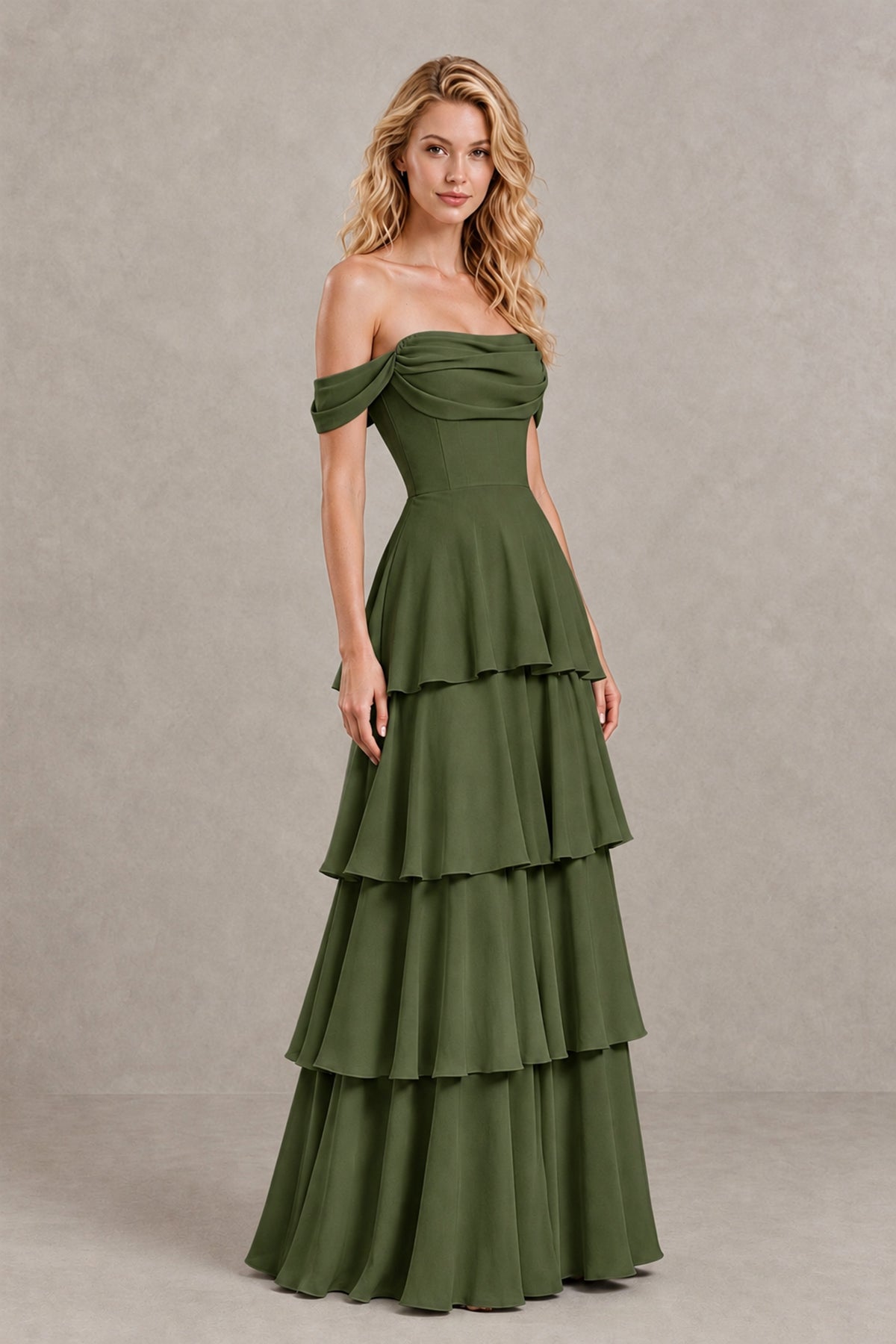 BOLODOO Olive Green Off-the-Shoulder Tiered A-Line Evening Bridesmaid Dress - Olive Green - Olive Green_3
