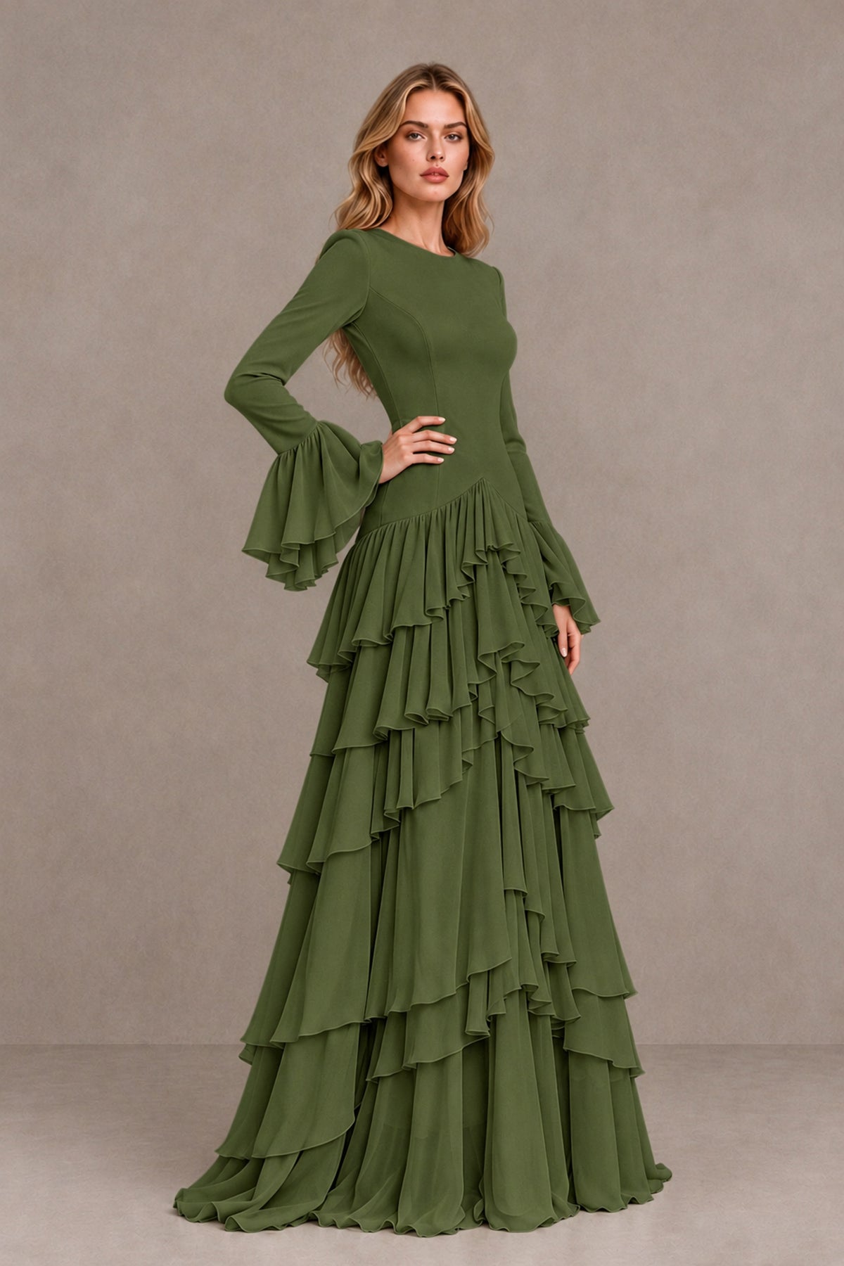 Olive Green Long Sleeve Tiered Ruffle Evening Gown - Olive Green - Olive Green_3