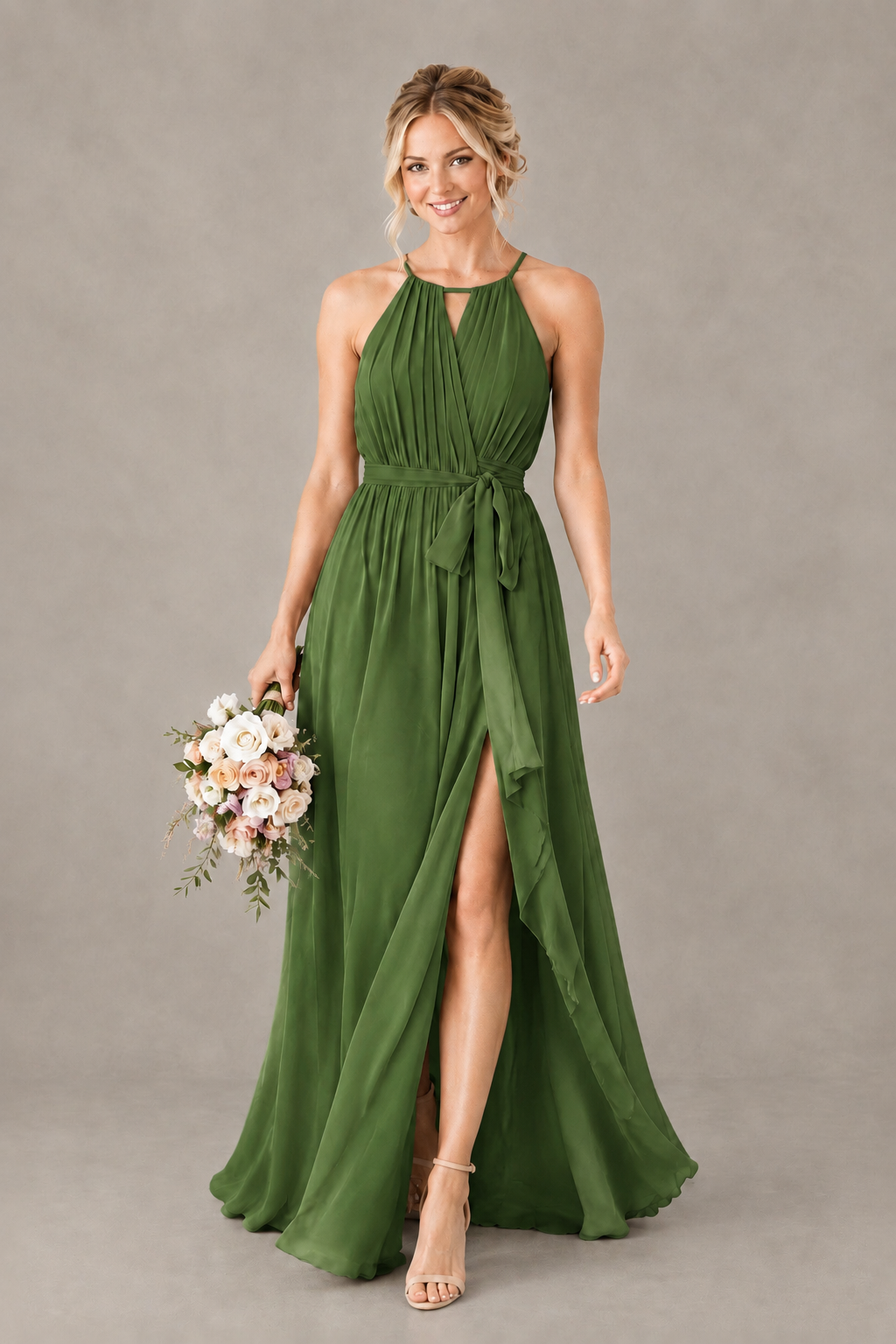 BOLODOO Olive Green Halter Chiffon Bridesmaid Dress with High Slit - Olive Green