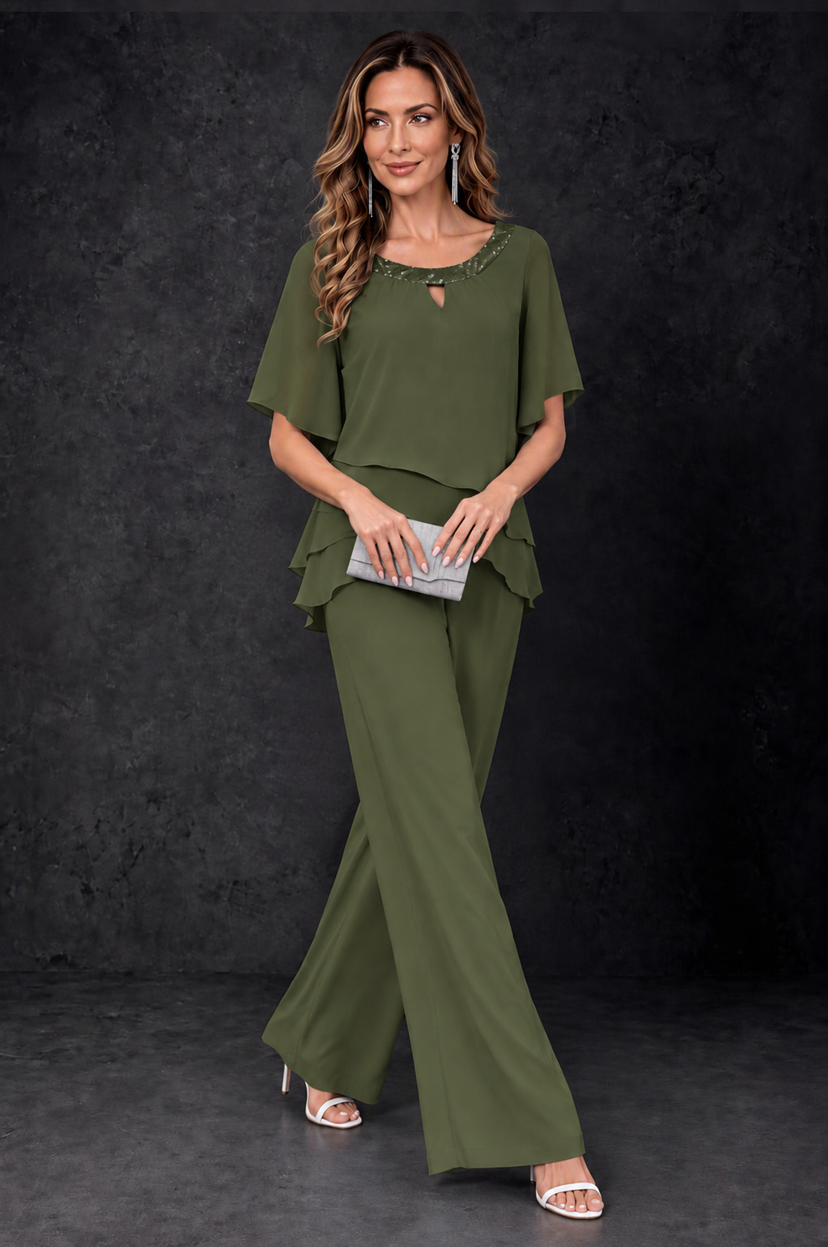 BOLODOO Olive Green Layered Chiffon-Look Mother of the Bride Pantsuit - Olive Green - Olive_Green_3