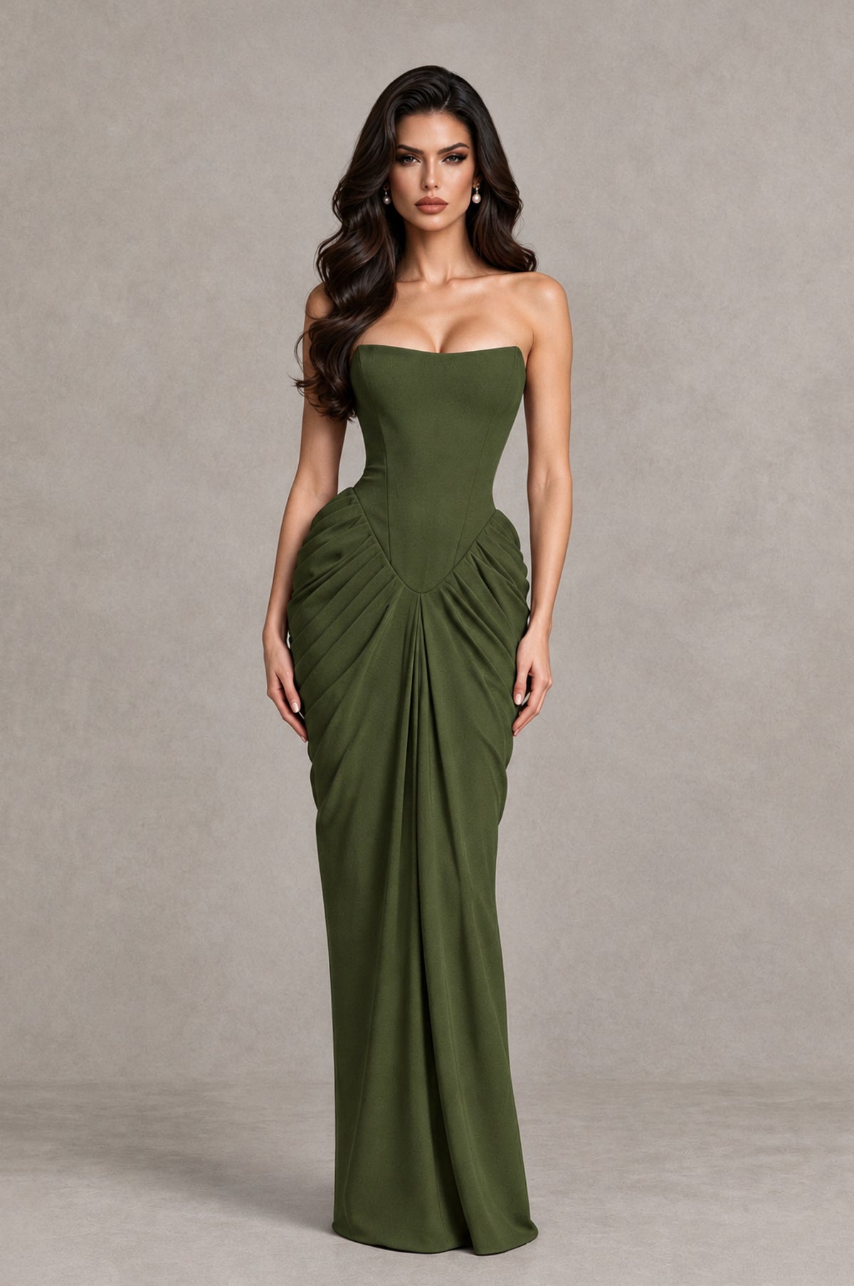 BOLODOO Olive Green Strapless Ruched Corset Evening Gown - Olive Green - Olive Green_3