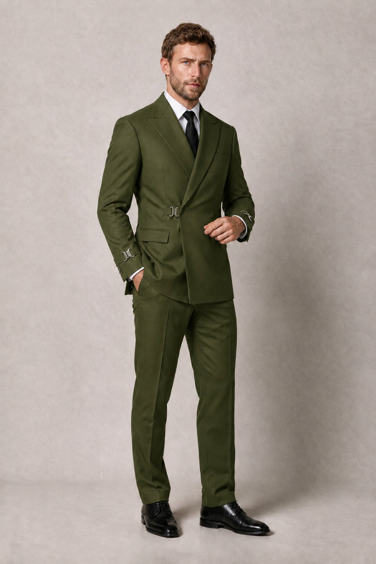 BOLODOO Men's Olive Green Double-Breasted 2-Piece Suit Set – Blazer & Tailored Trousers - Olive Green