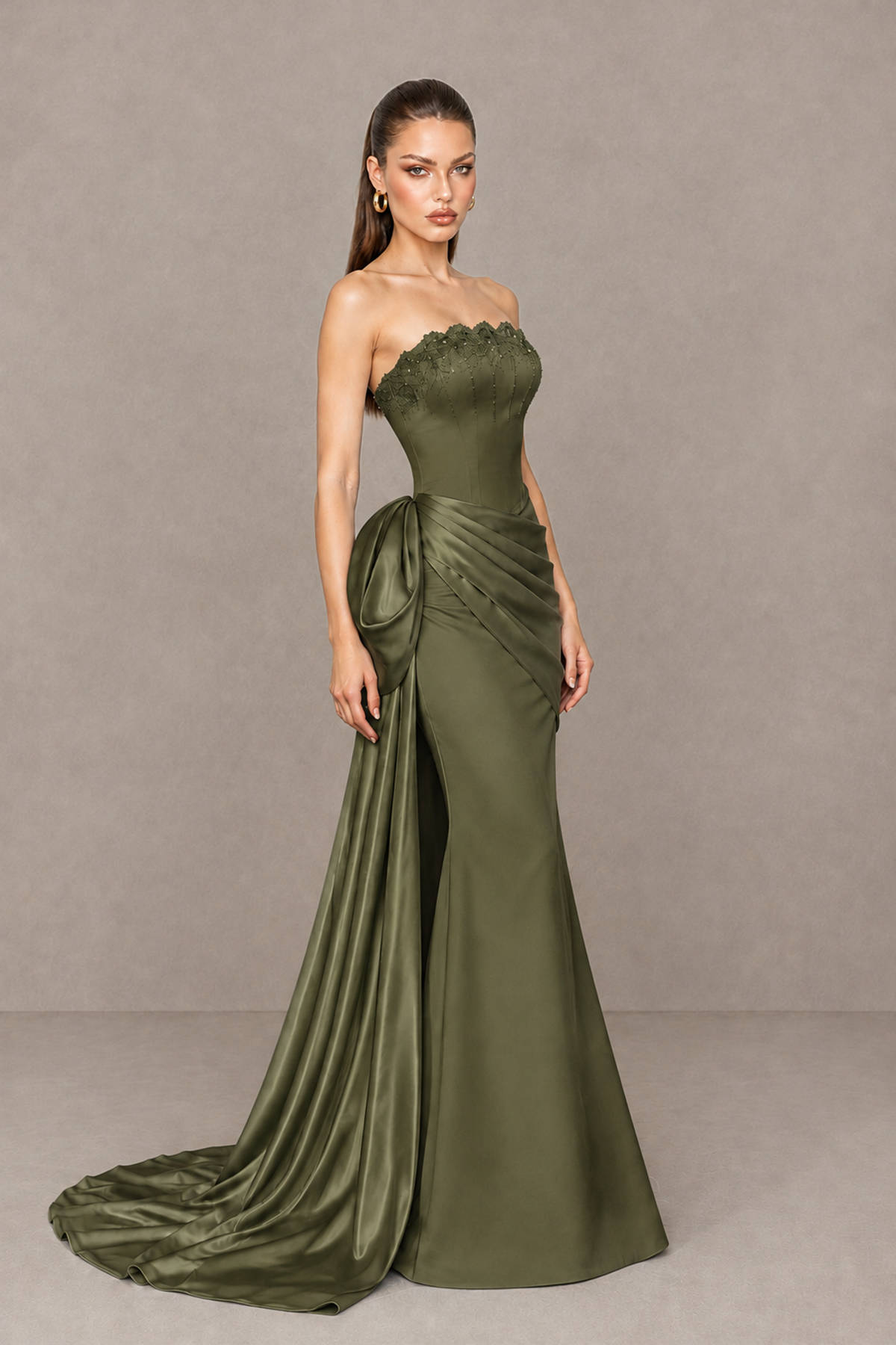 BOLODOO Olive Green Strapless Satin Prom Dress with Draped Side Train - Olive Green - Olive_Green_3