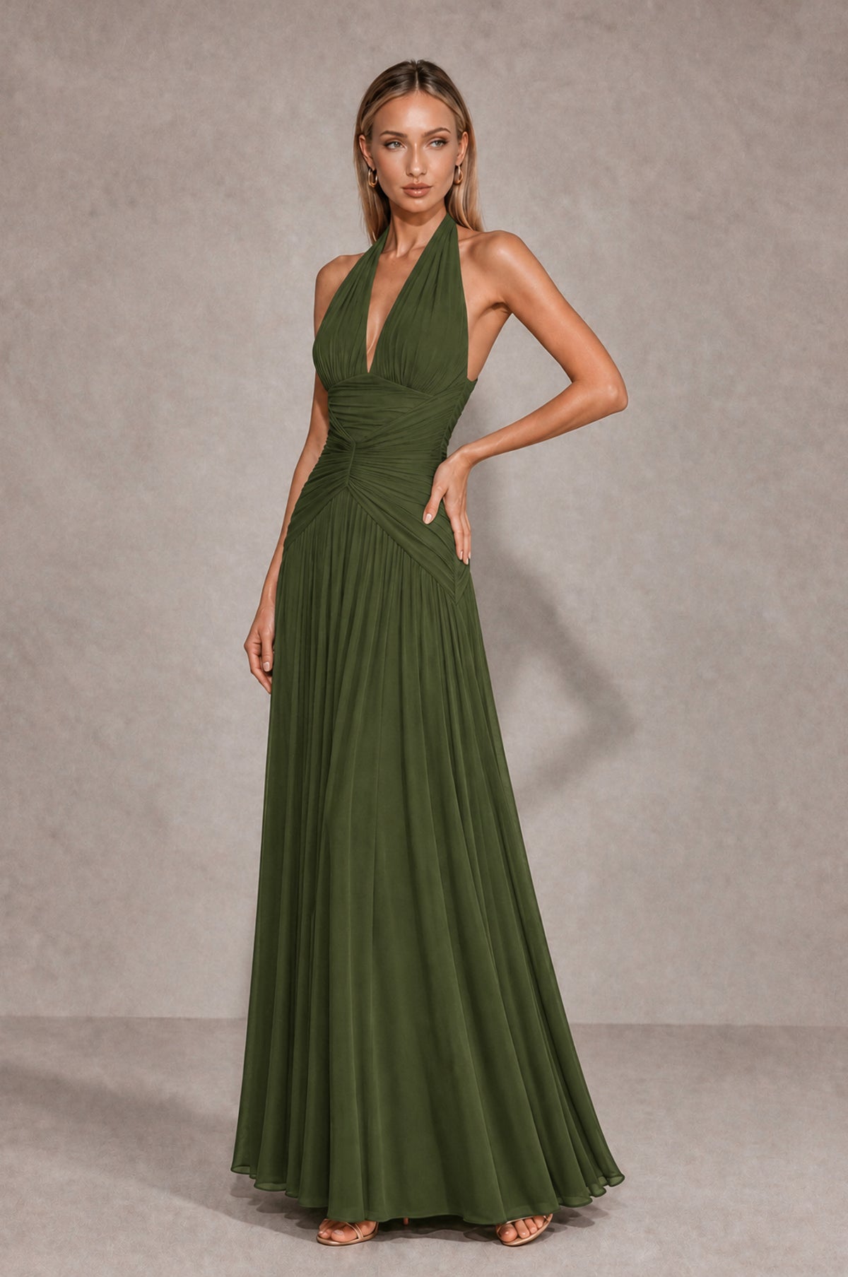 BOLODOO Olive Green Chiffon Halter Deep V-Neck Ruched A-Line Backless Maxi Dress with Train-BD0167 - Olive Green - Olive Green_3