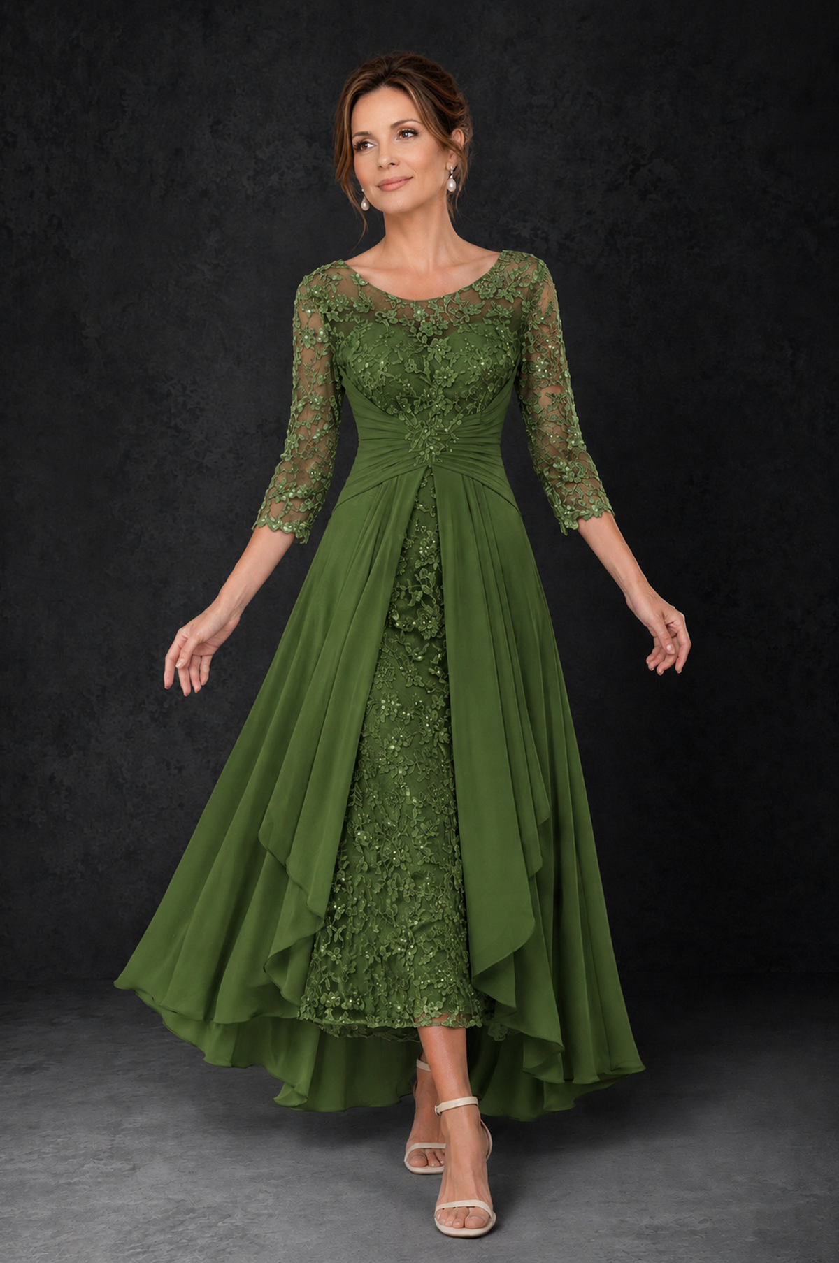 BOLODOO Olive Green Sequin Lace & Chiffon Tea-Length Mother of the Bride Dress with 3/4 Sleeves - Olive Green