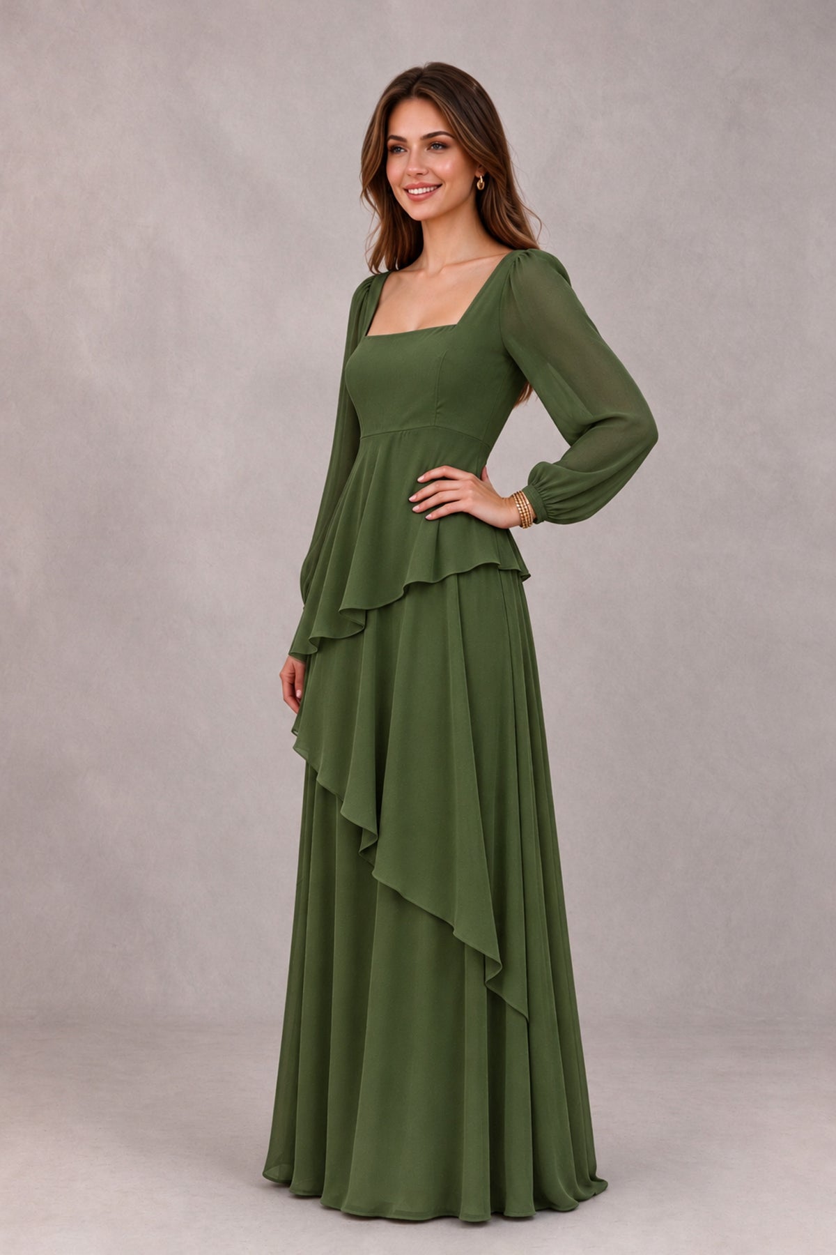 BOLODOO Olive Green Long Sleeve Ruffle Bridesmaid Dresses - Olive Green - Olive Green_3