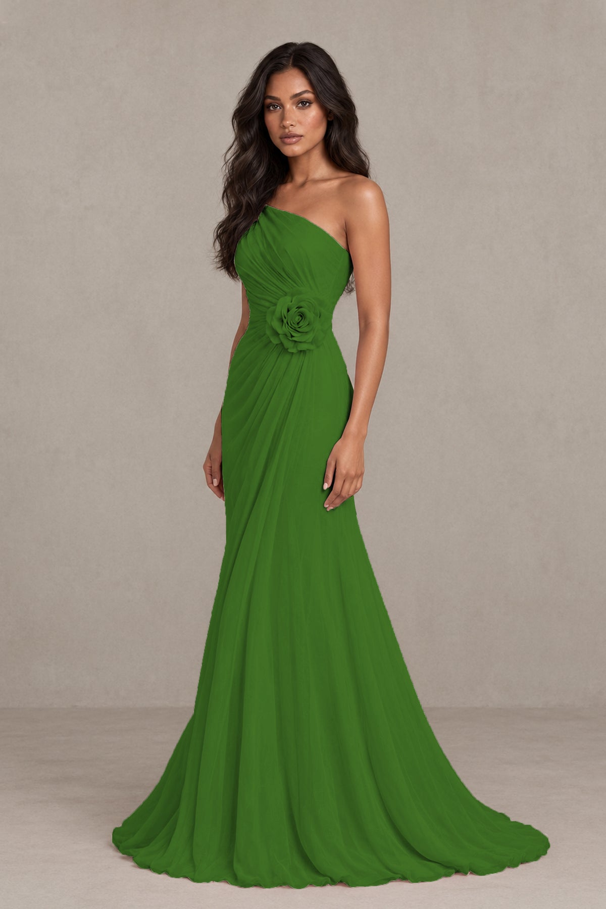 BOLODOO Olive Green One-Shoulder Floral Ruched Maxi Dress - Olive Green
