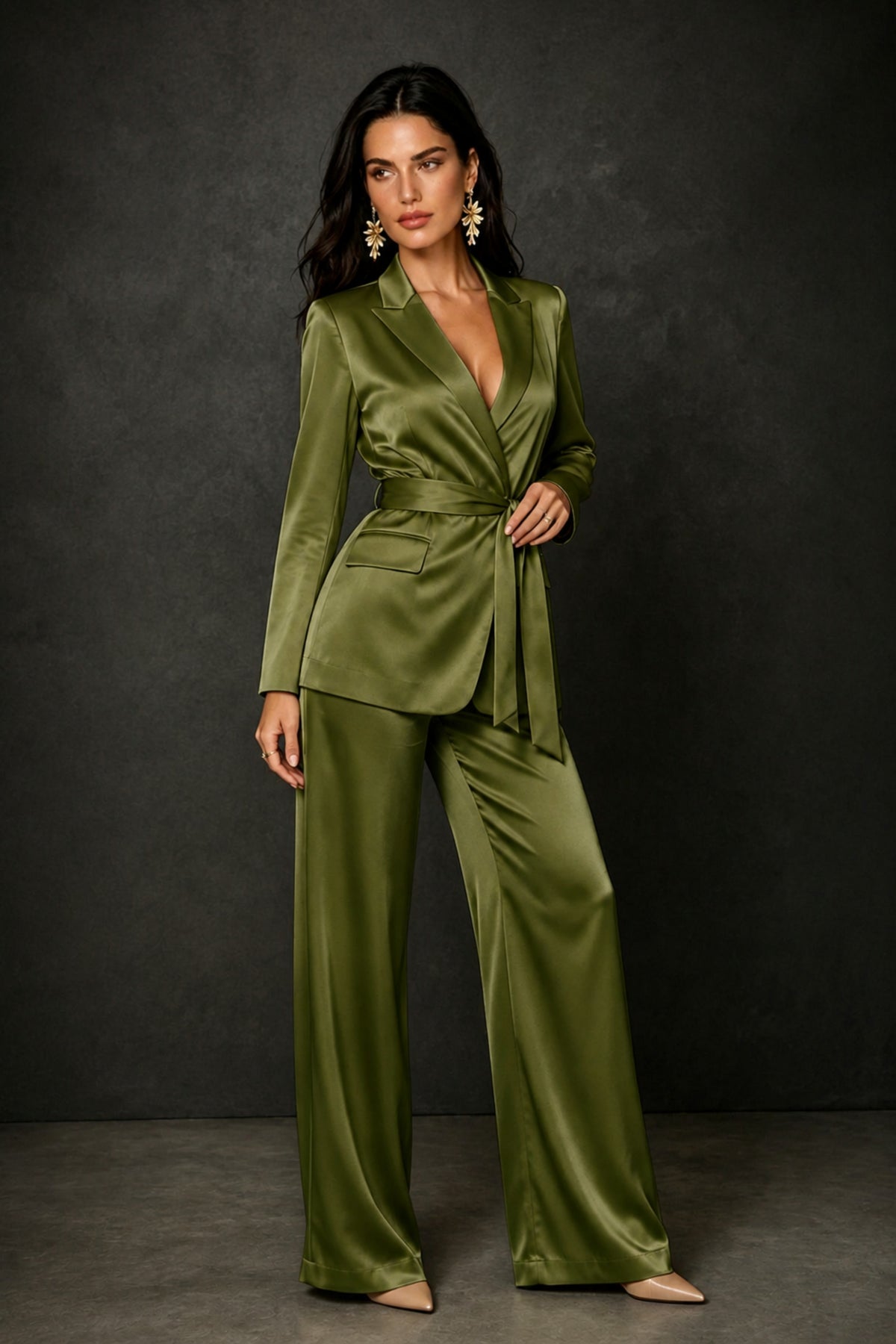 BOLODOO Olive Green Satin Wrap Blazer Wide-Leg Pants Two-Piece Suit Set – Evening Gala Wedding Guest - Olive Green
