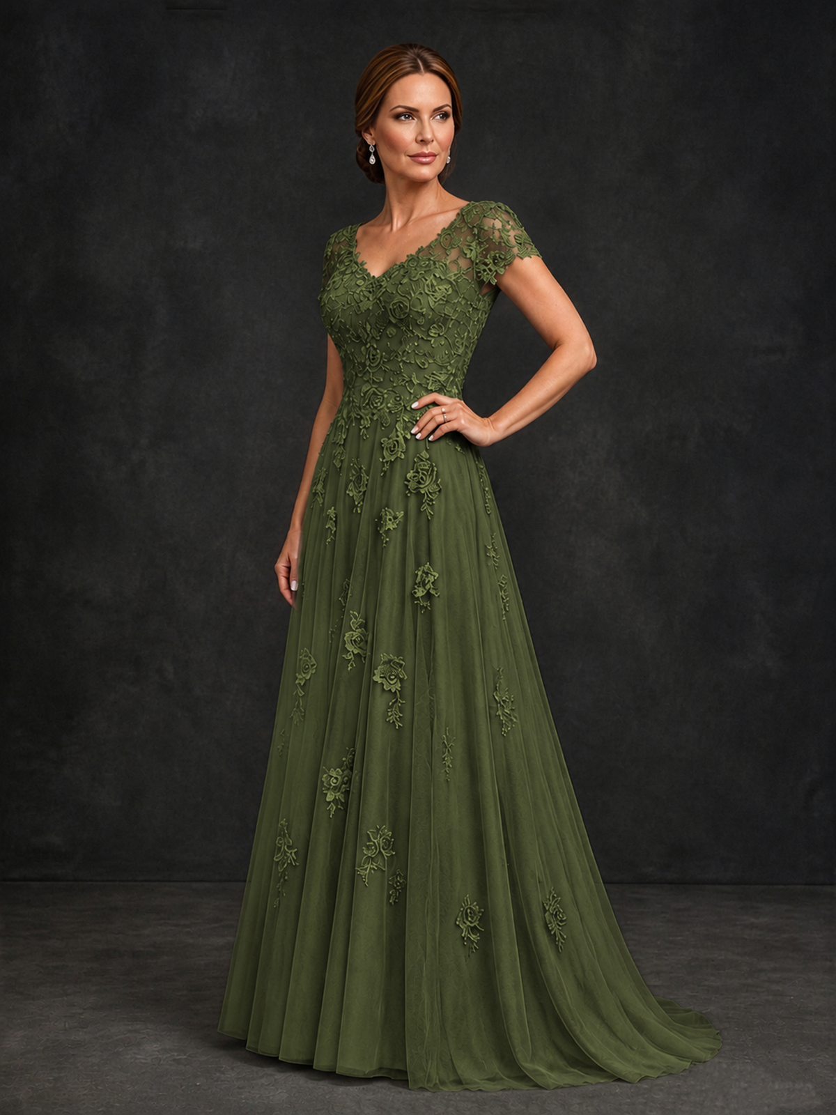 BOLODOO Olive Green Cap Sleeve Lace Appliqué A-Line Formal Gown | Mother of the Bride Dress - Olive Green - Olive Green_3