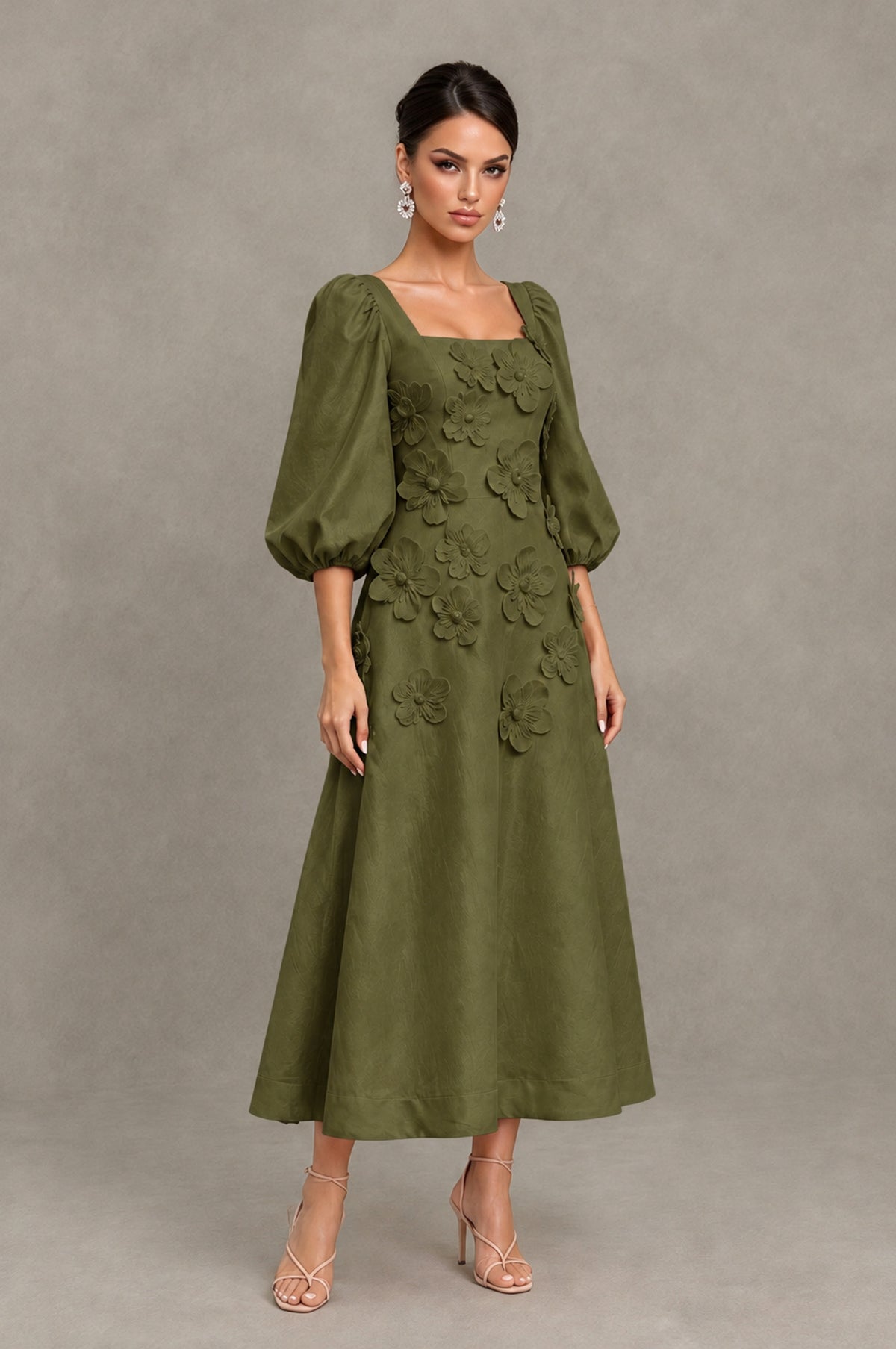 BOLODOO Olive Green 3D Floral Puff Sleeve Midi Cocktail Dress - Olive Green - Olive Green_3
