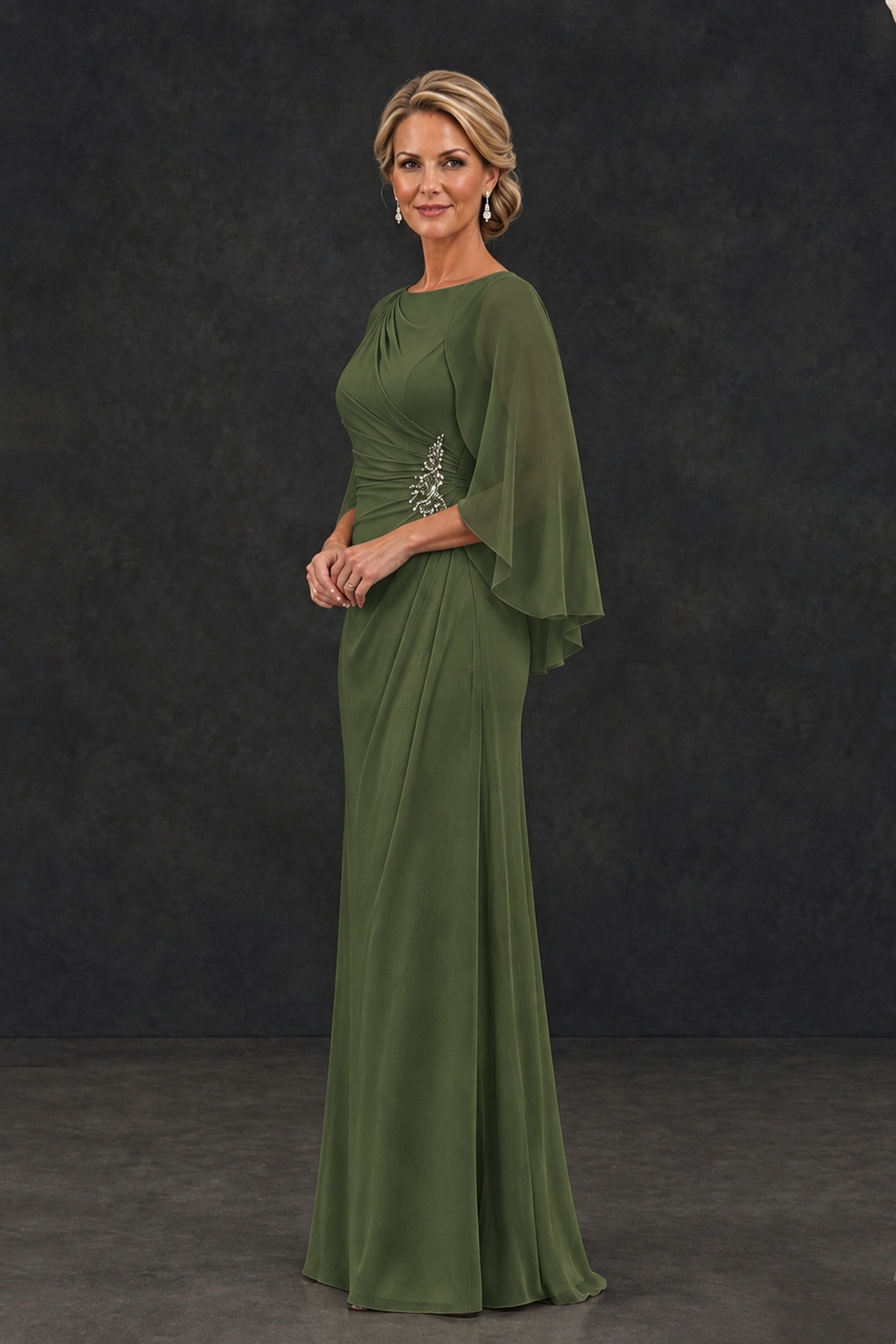 BOLODOO Olive Green Cape Sleeve Mother of the Bride Dress with Ruched Waist - Olive Green - Olive Green_3