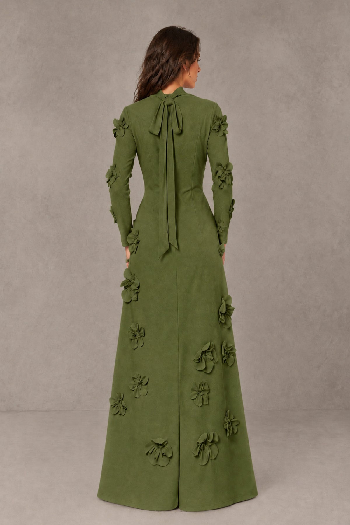 BOLODOO Olive Green High Neck Long Sleeve 3D Floral Evening Gown - Olive Green